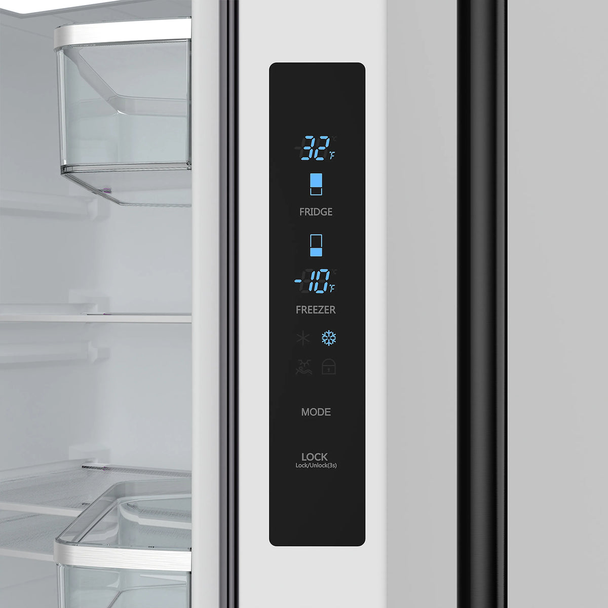 Refrigerator control panel with digital display and lock buttons