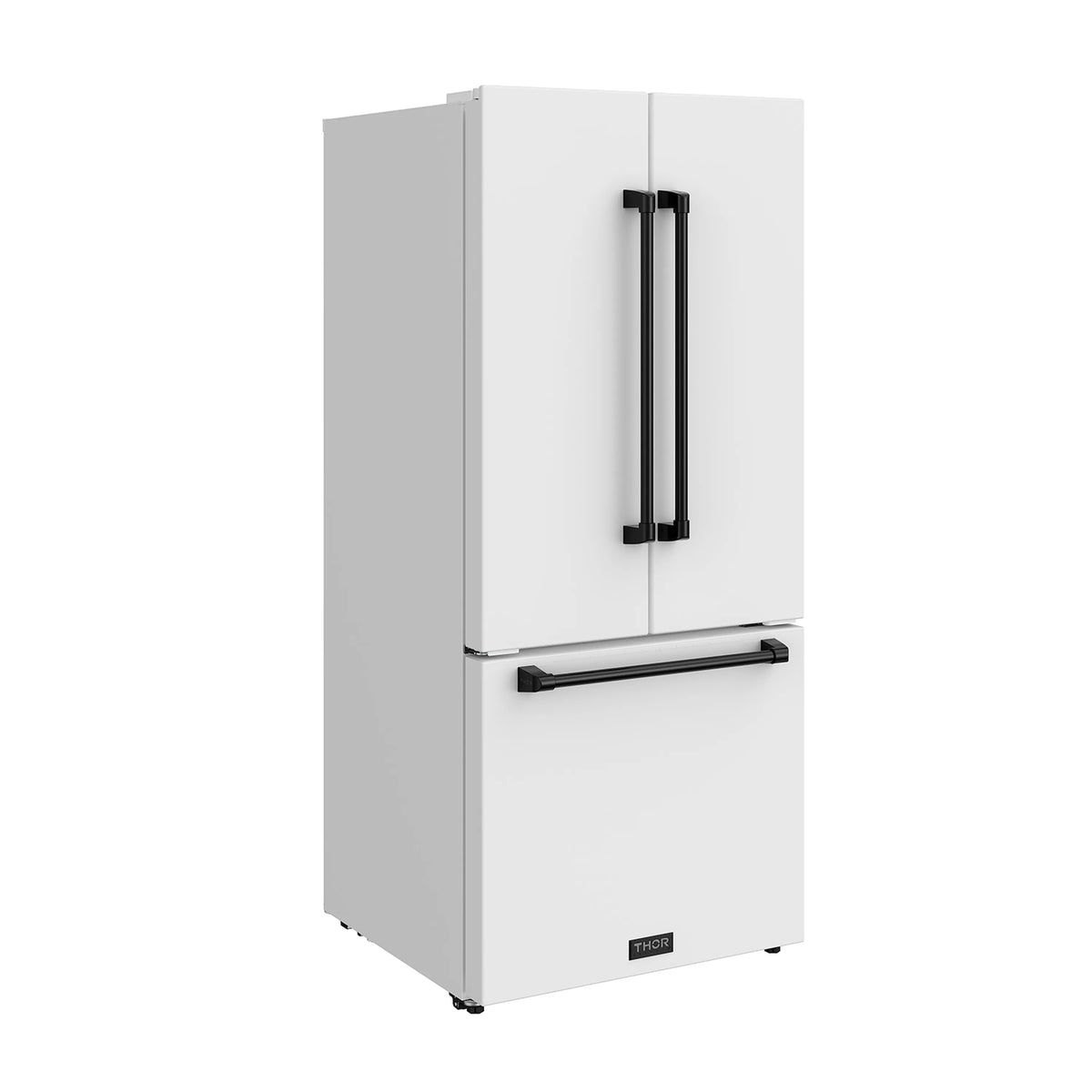 White two-door refrigerator with long black handle and bottom freezer