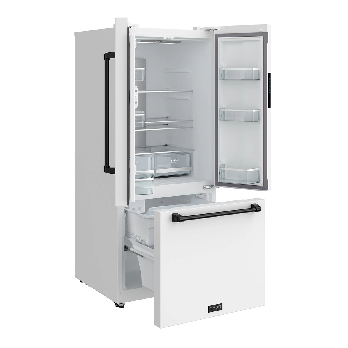 Open white French door refrigerator showing shelves, bins, and drawers