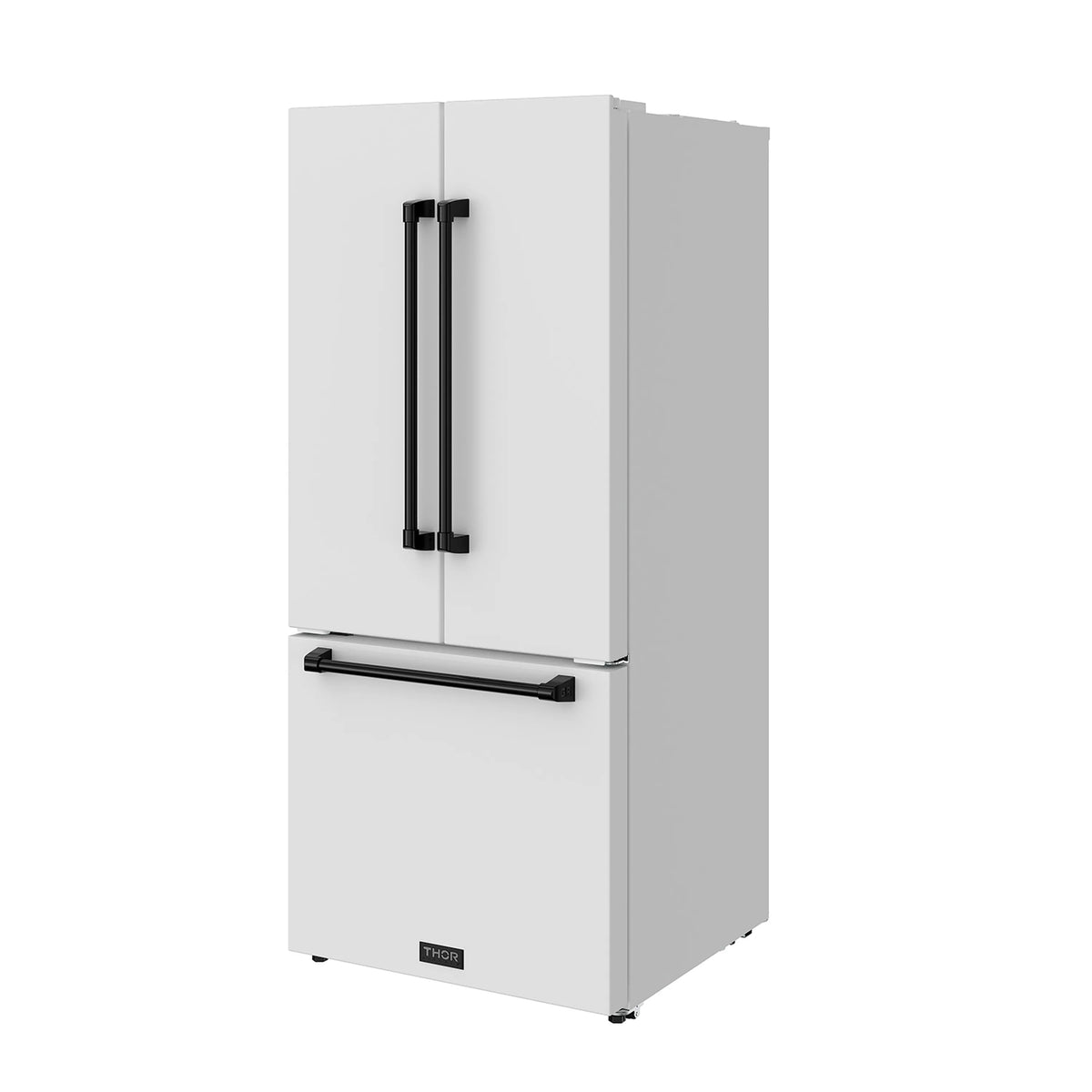 White French door refrigerator with black vertical handles and bottom door