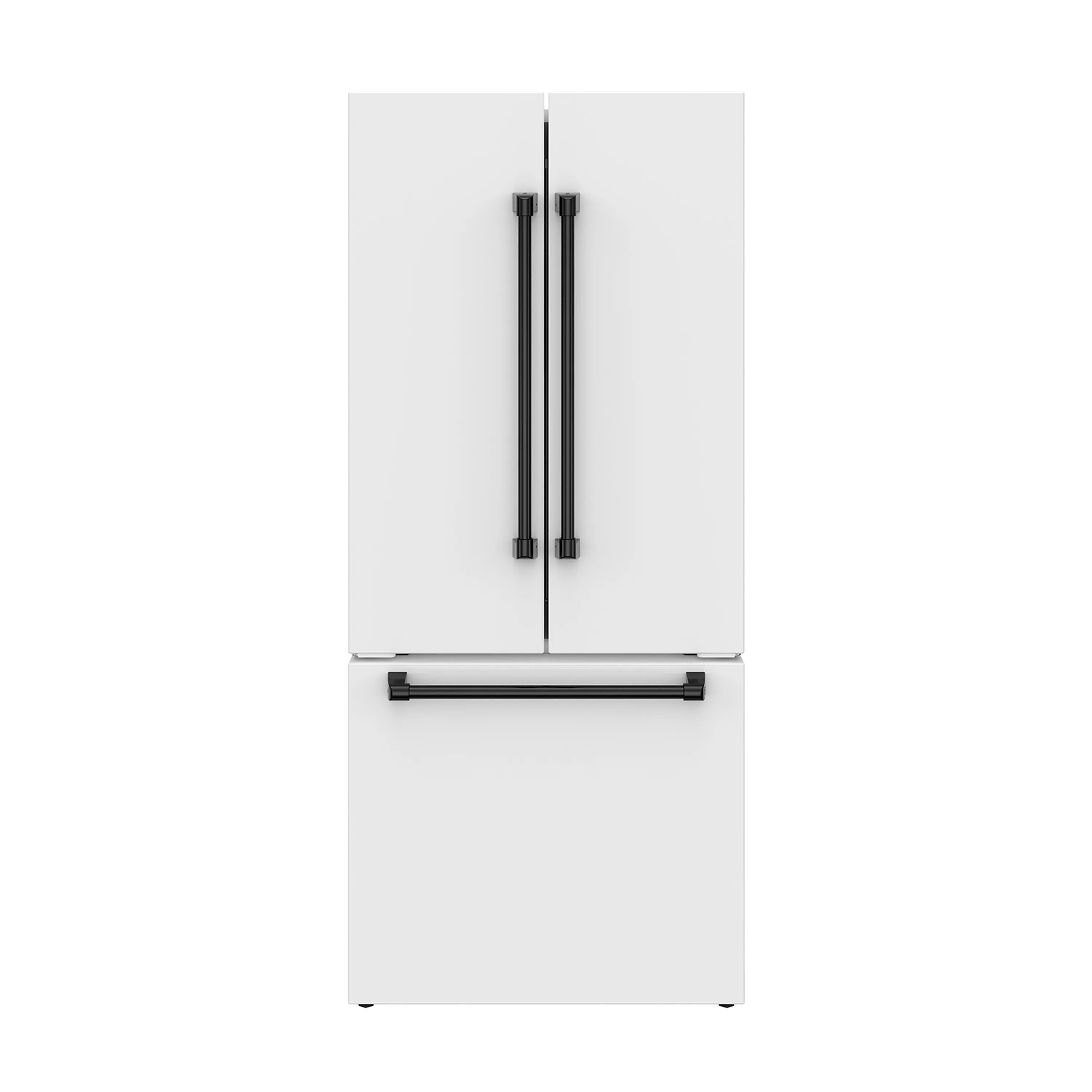 White refrigerator with double black vertical handles and bottom door