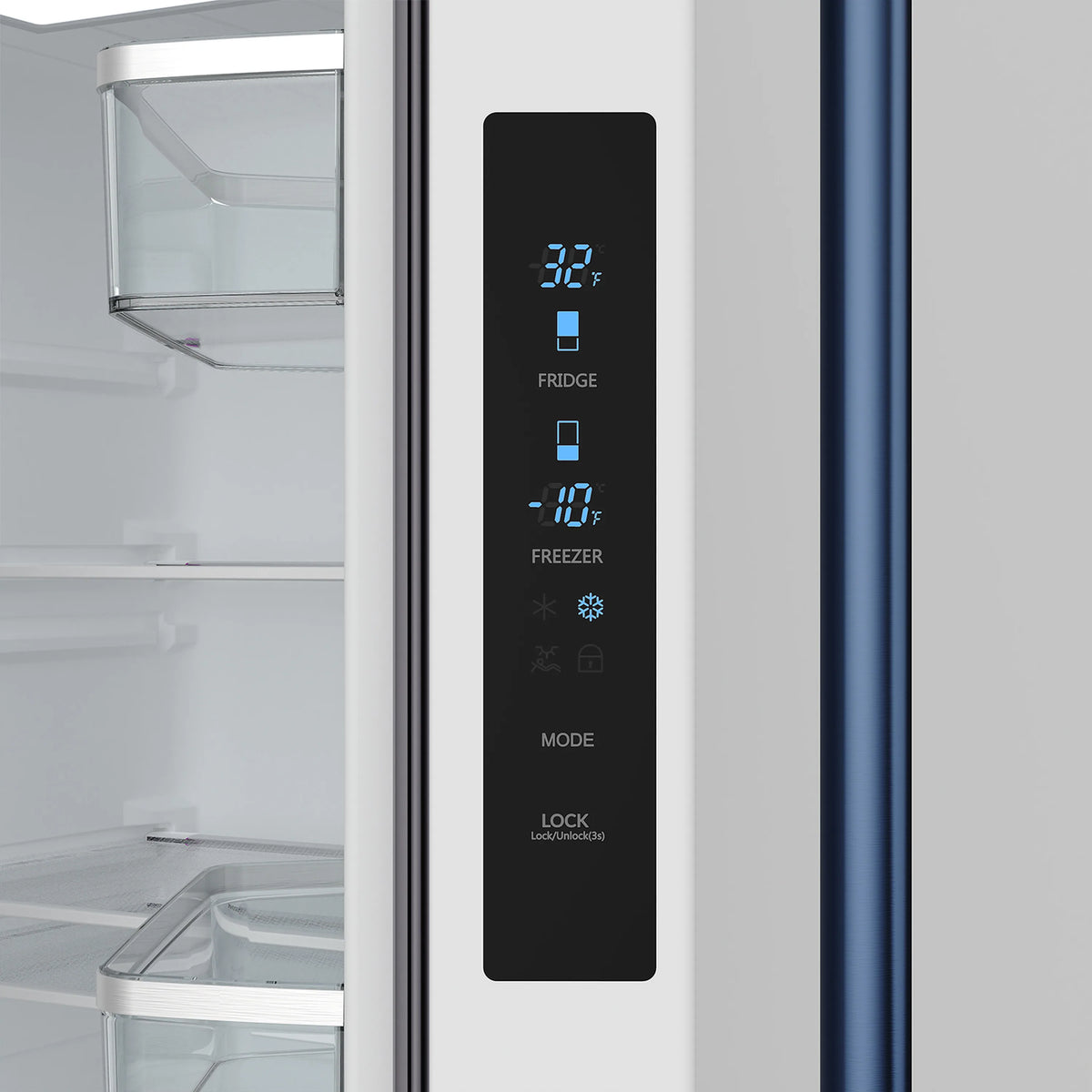 Refrigerator control panel with black touchscreen display and blue handle trim