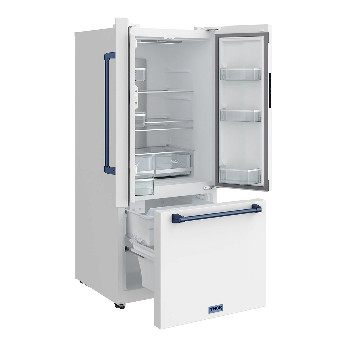 White counter-depth French door refrigerator with blue handles, open with visible shelves