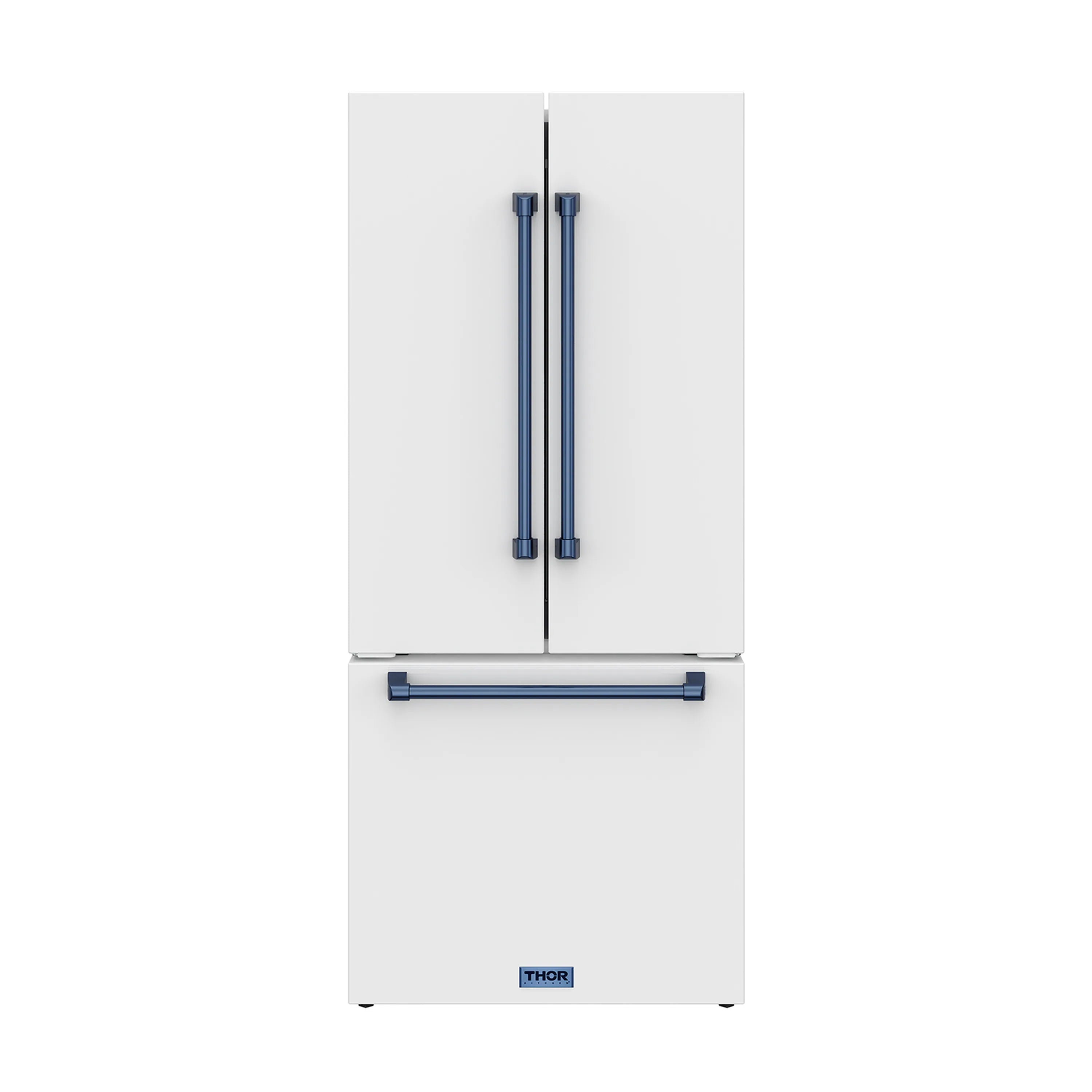 White French door refrigerator front view with blue handles and THOR logo badge
