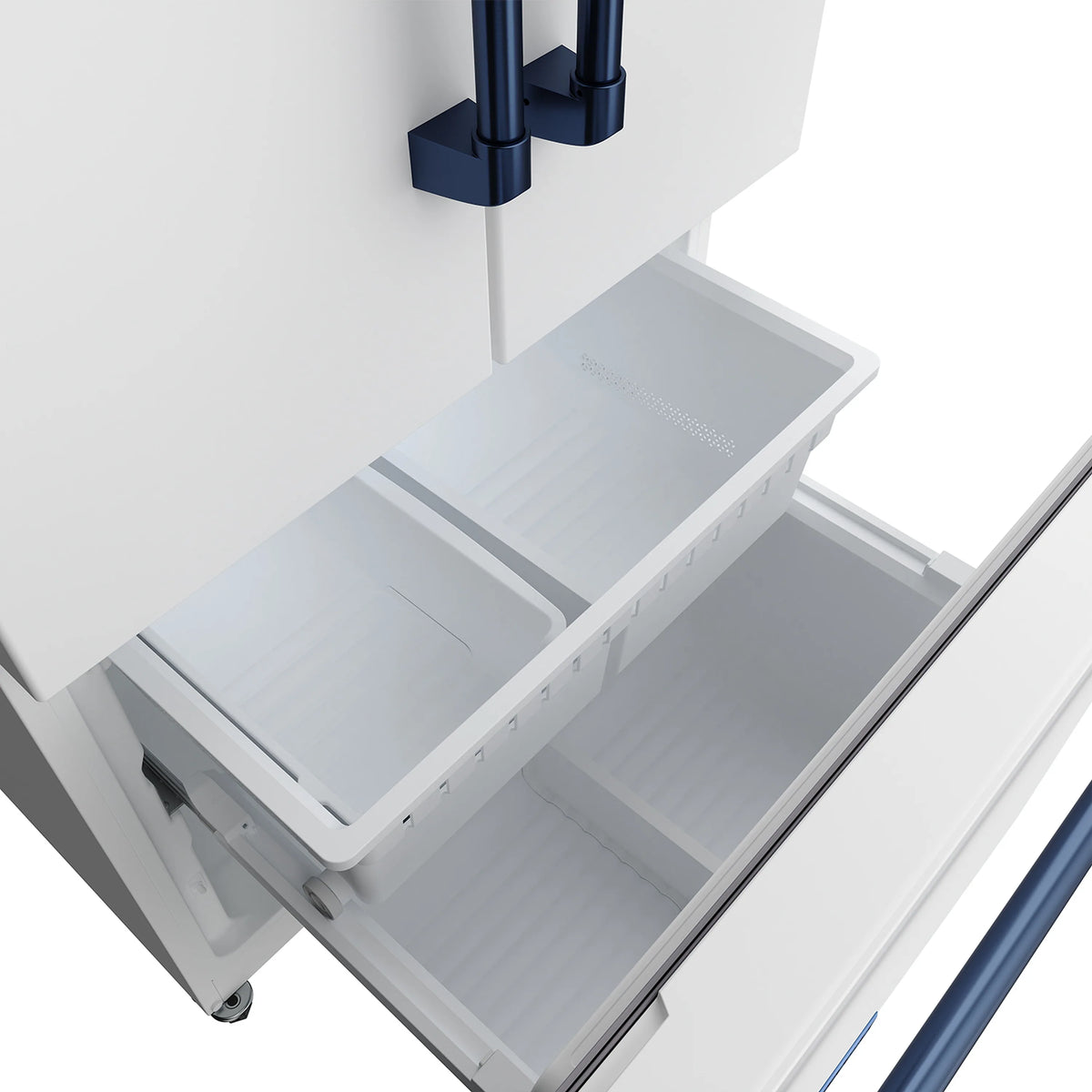White French door refrigerator with open crisper drawers and blue door handle bars