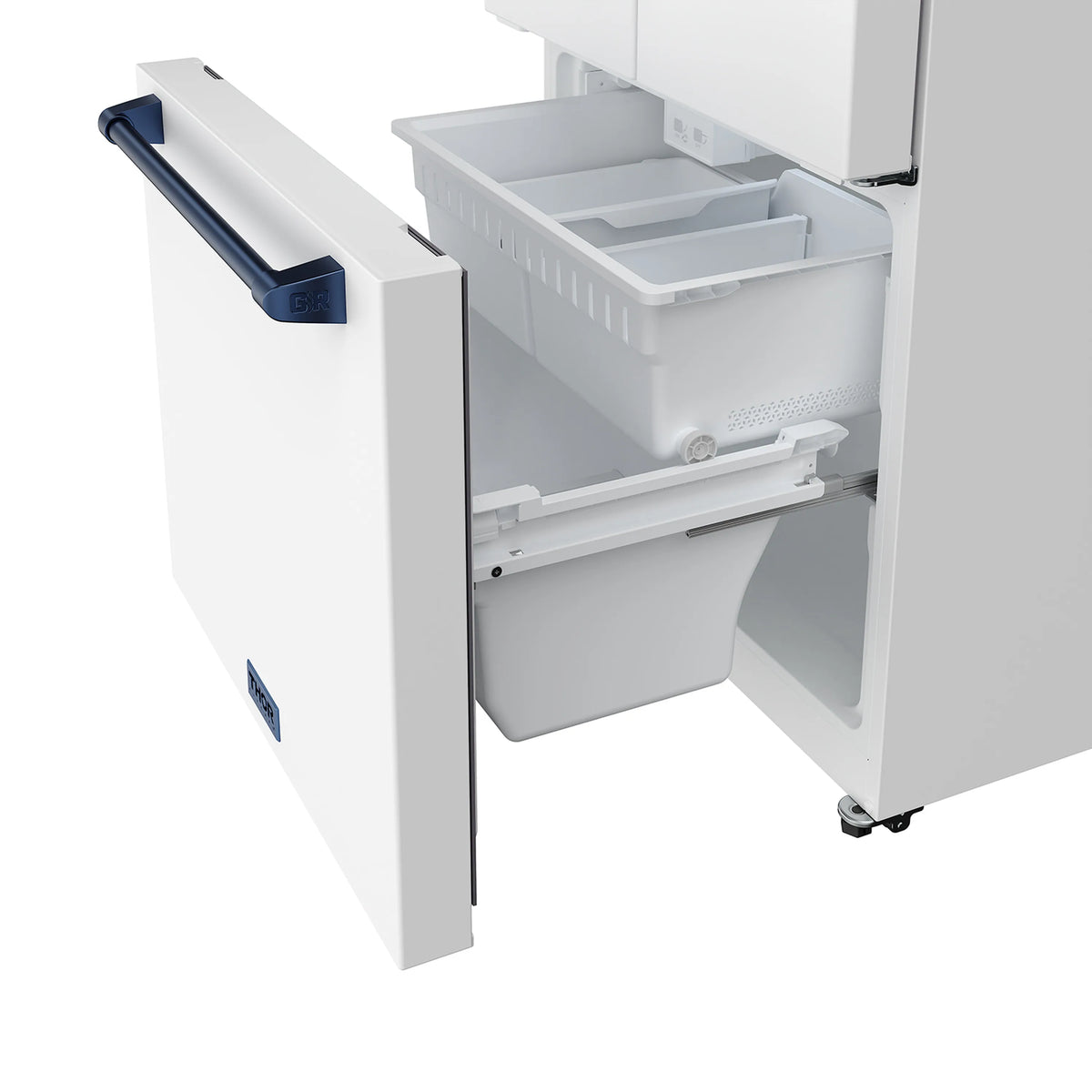 White French door refrigerator with open freezer drawer and pull-out bins