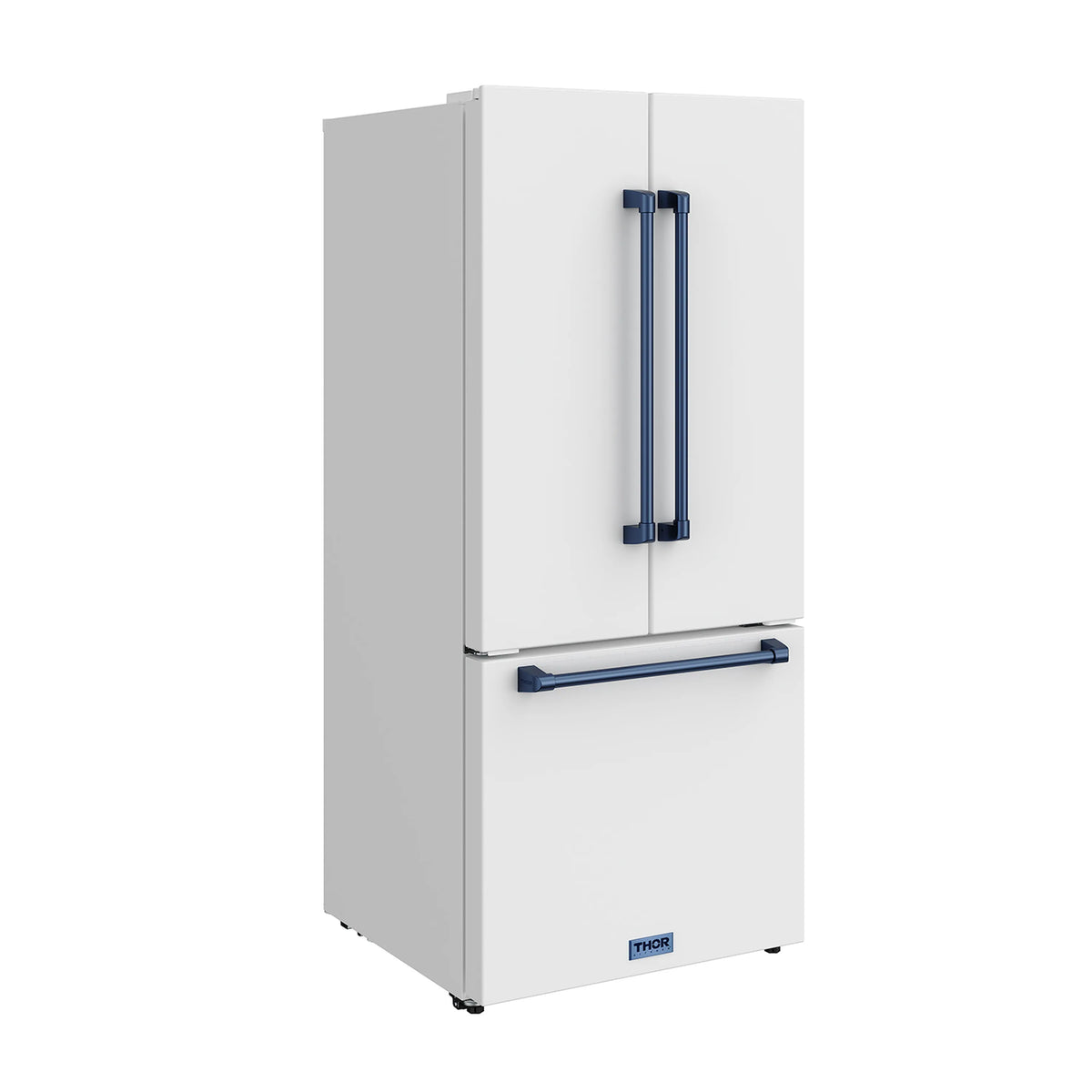 White refrigerator front with vertical blue handle bars and horizontal blue dispenser bar