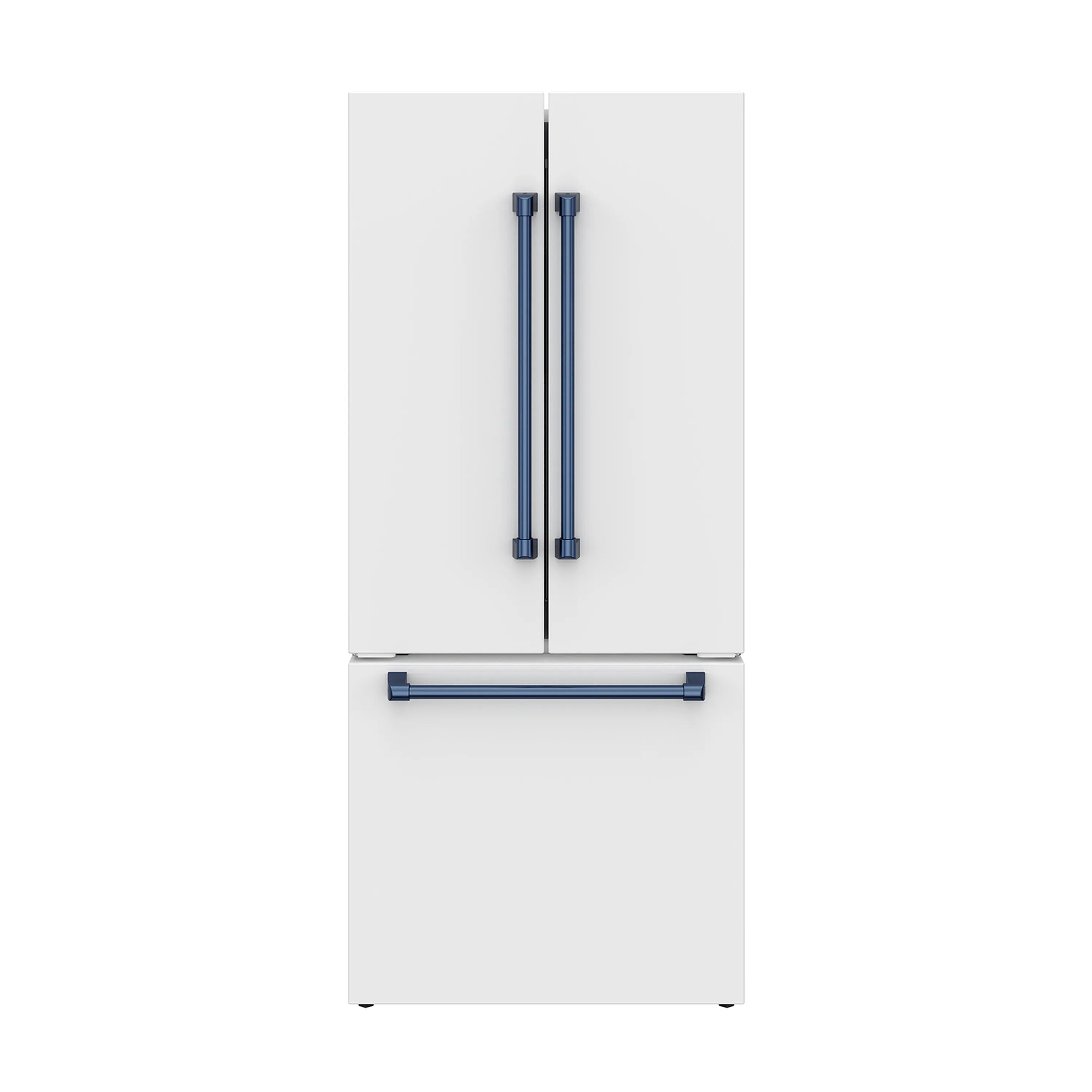 White French door refrigerator front with blue handle bars and lower freezer door