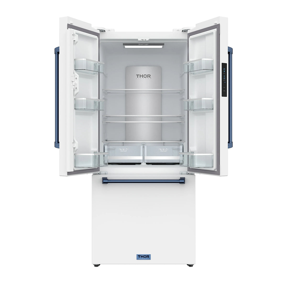White French door refrigerator open with adjustable shelves and storage bins