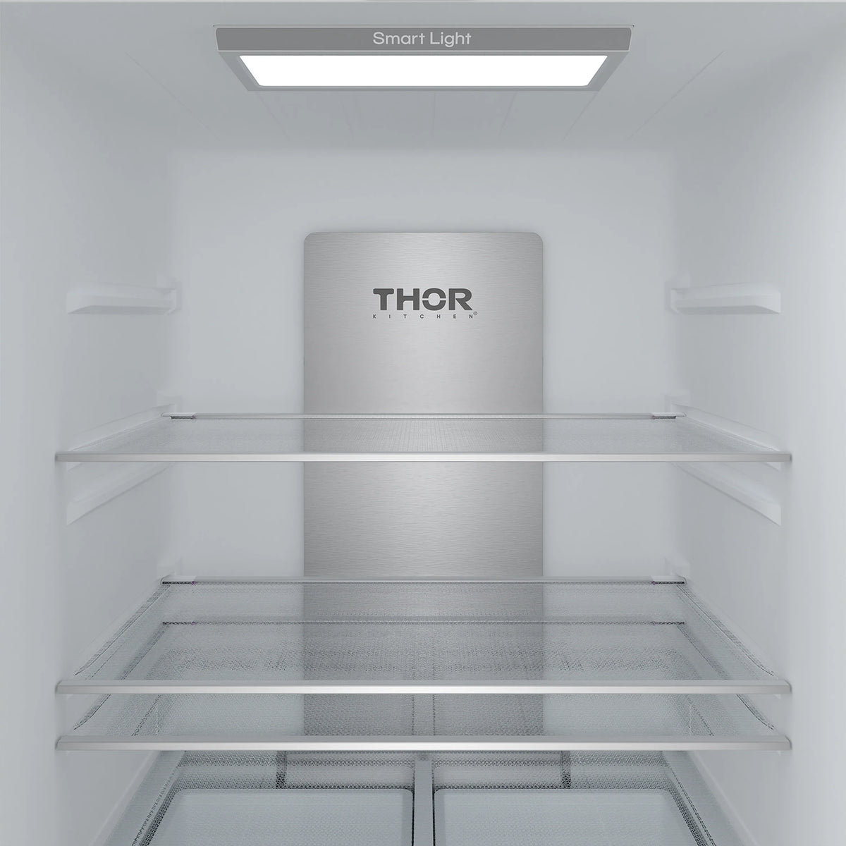 White refrigerator interior with Smart Light and THOR branding on back wall
