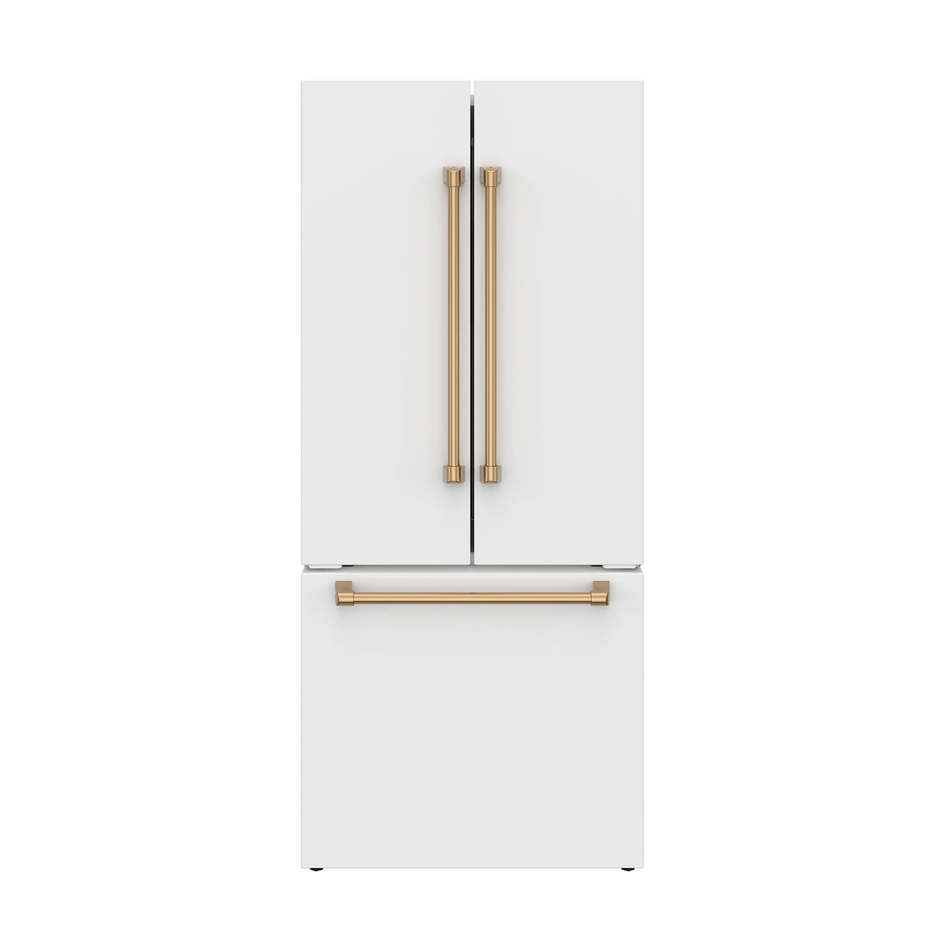White French door counter-depth refrigerator with bronze bar handle and clean door design