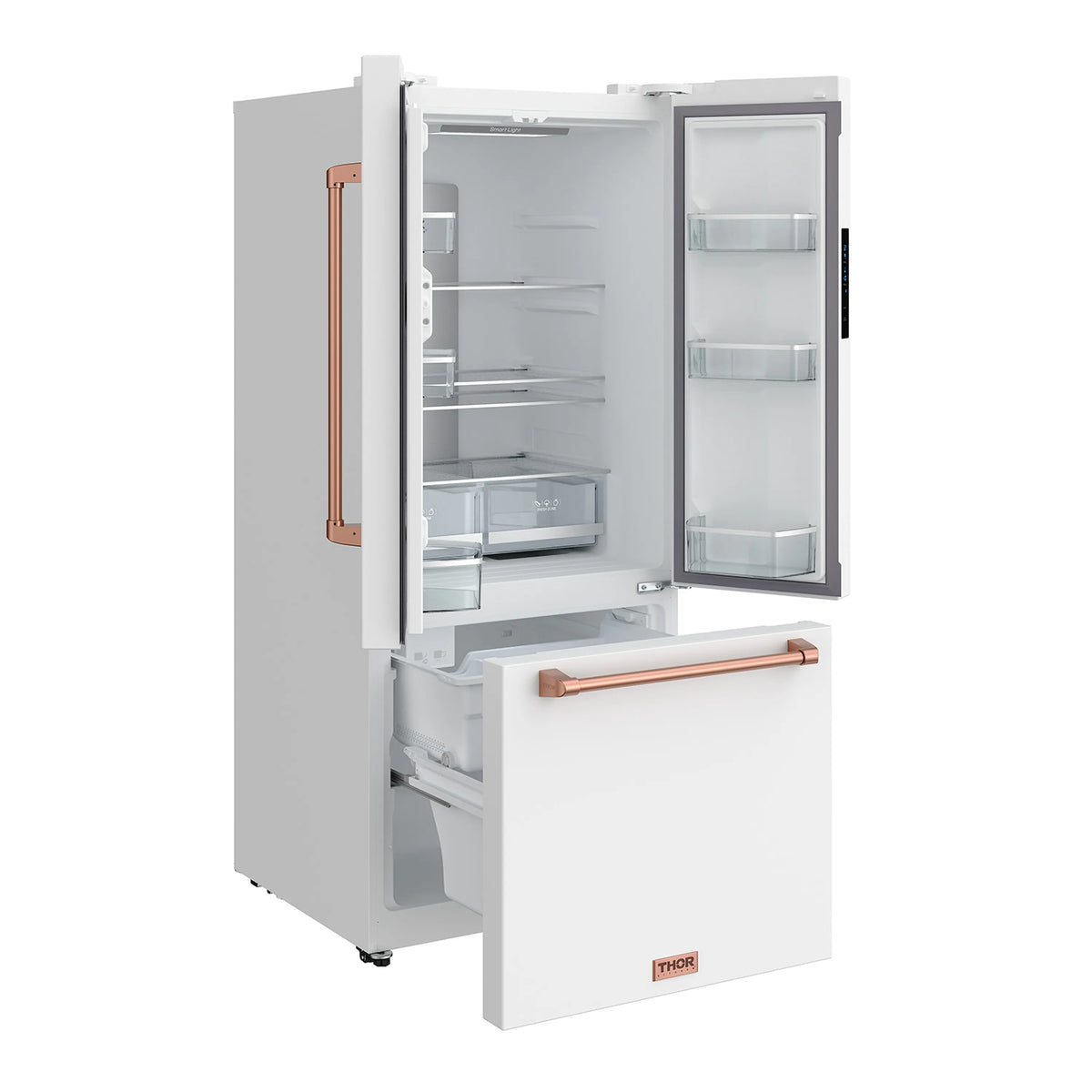 White refrigerator with one door open, showing interior shelves and lower pull-out drawer
