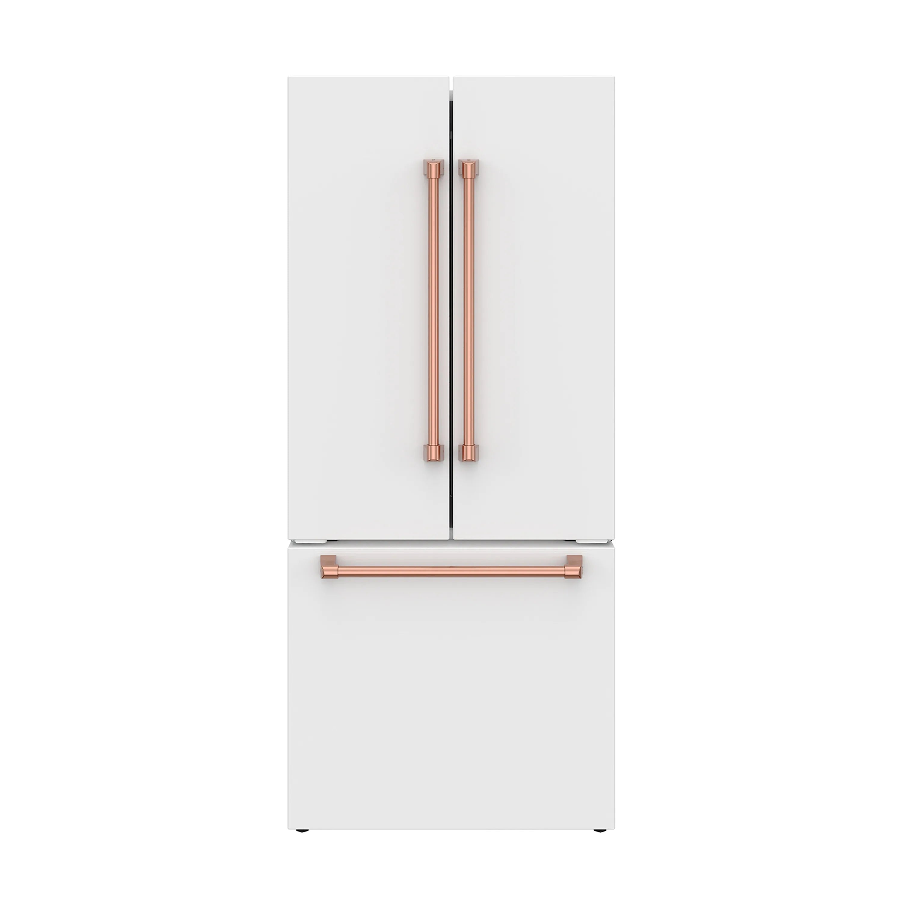 White French door refrigerator with rose-gold handles and horizontal bar dispenser at mid level
