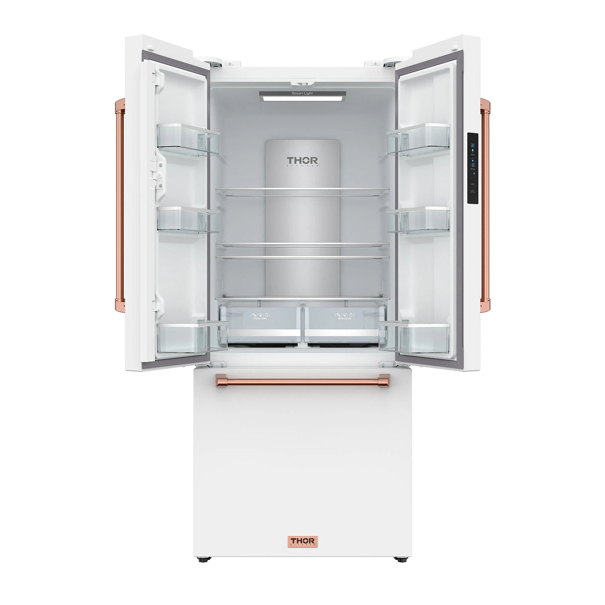 White French door refrigerator with doors open, featuring interior shelves, bins, and bottom drawer