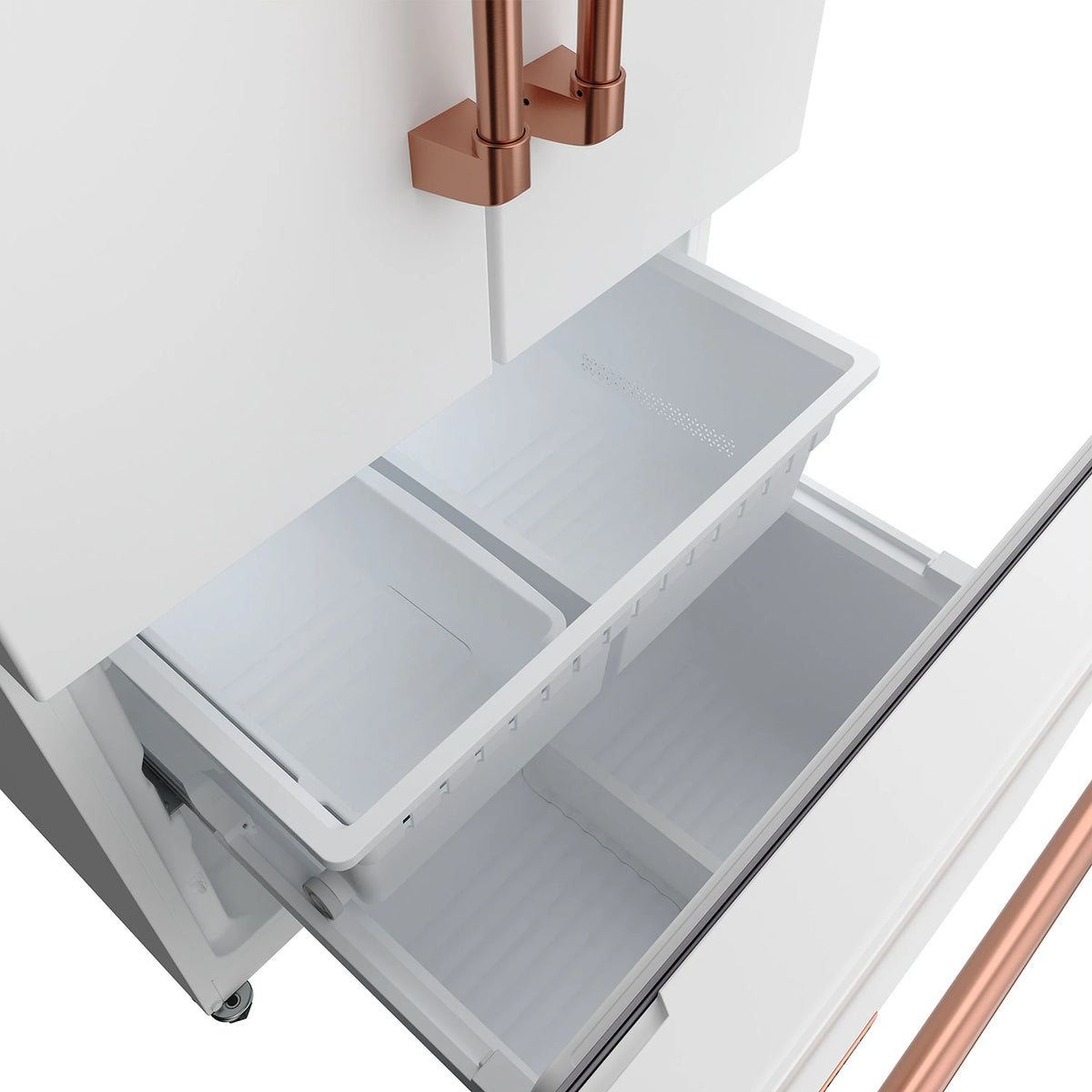 White refrigerator with both compartments open, pull-out shelves and drawers with back airflow vents