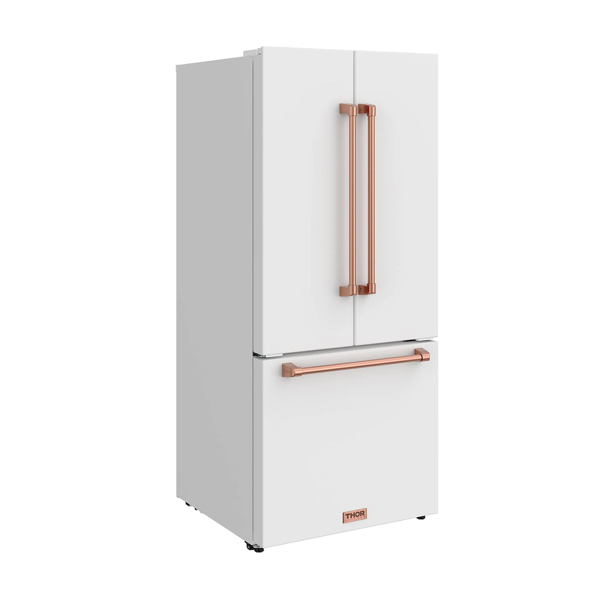 White French door refrigerator with rose-gold handles and THOR logo at bottom front