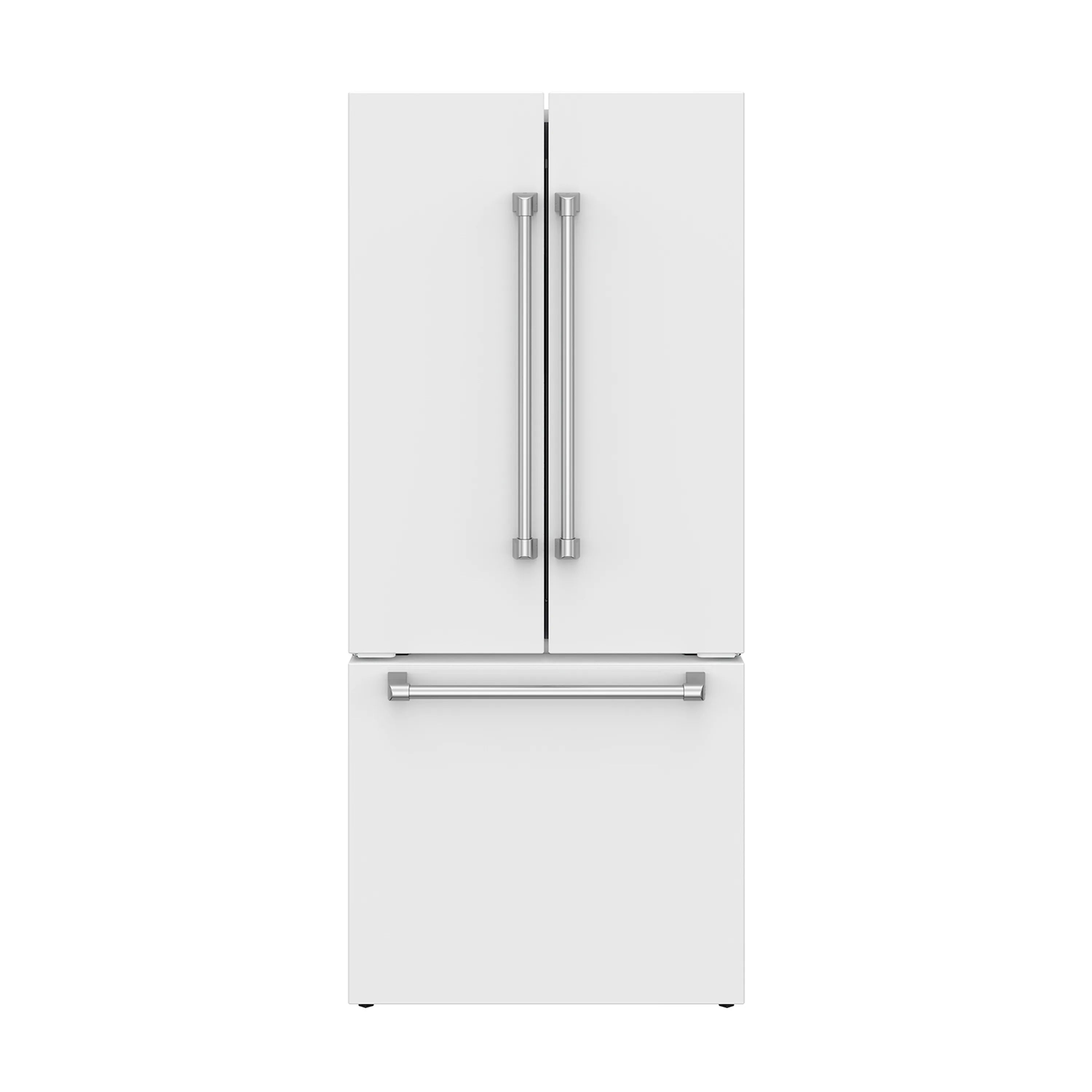 White French door refrigerator front view with dispenser handle bar
