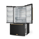 Black French door refrigerator with doors open, glass shelves and door bins visible