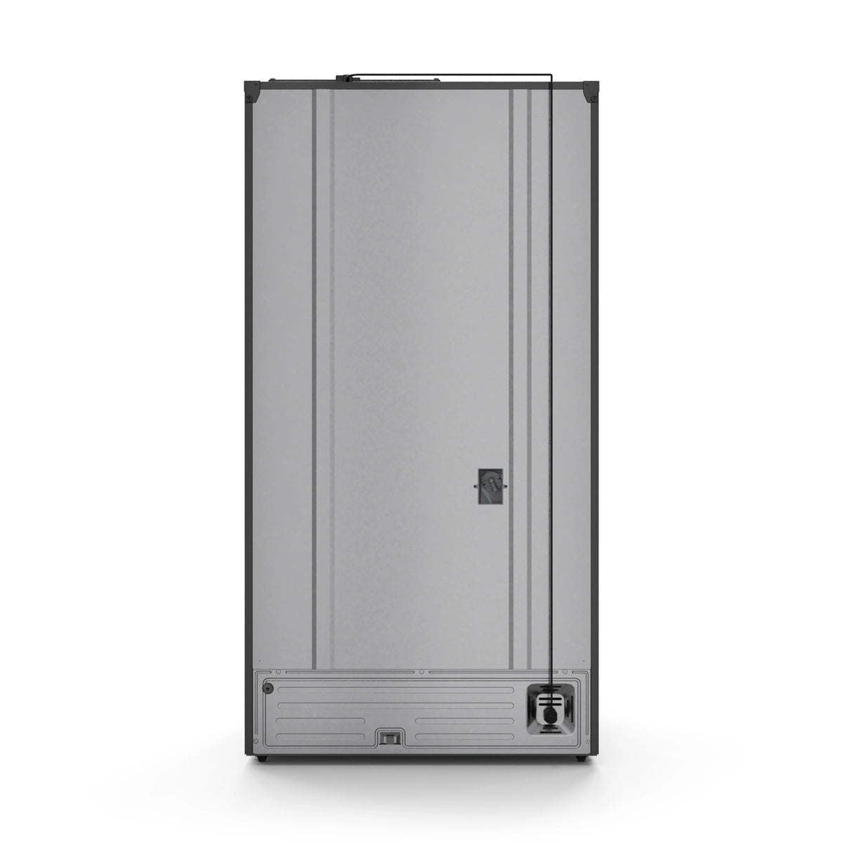 Black French door refrigerator with bronze vertical handles, shown from the front