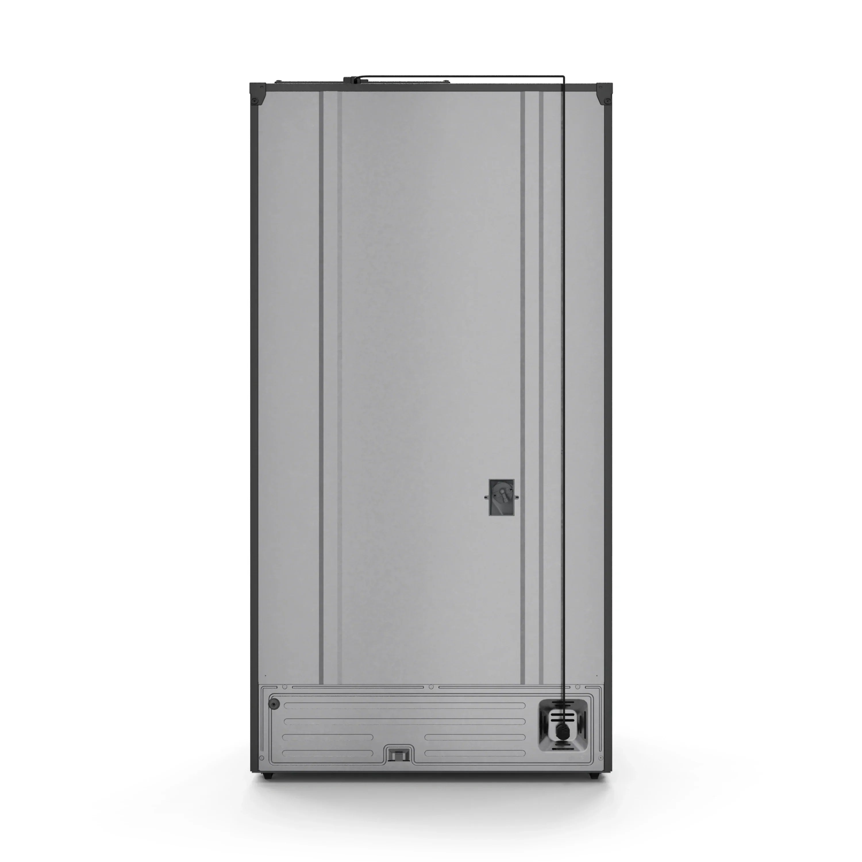 Black refrigerator front with side handles and control panel, door closed.
