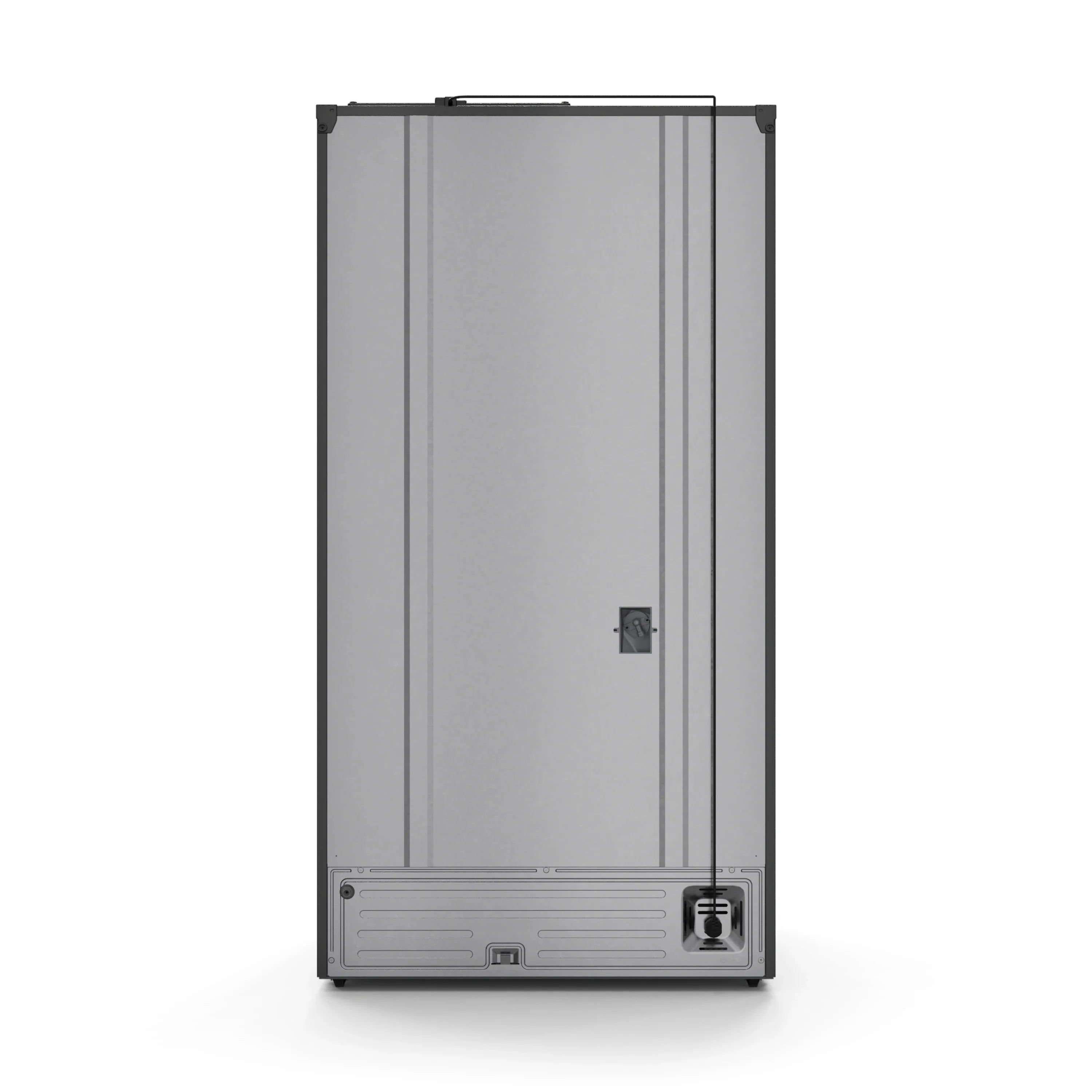 Black refrigerator with side panel view and leveling feet at the bottom.