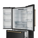 Black French door refrigerator with both doors open, showing clear shelves and bins inside