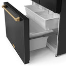 Refrigerator freezer drawer open with ice bin and dispenser area