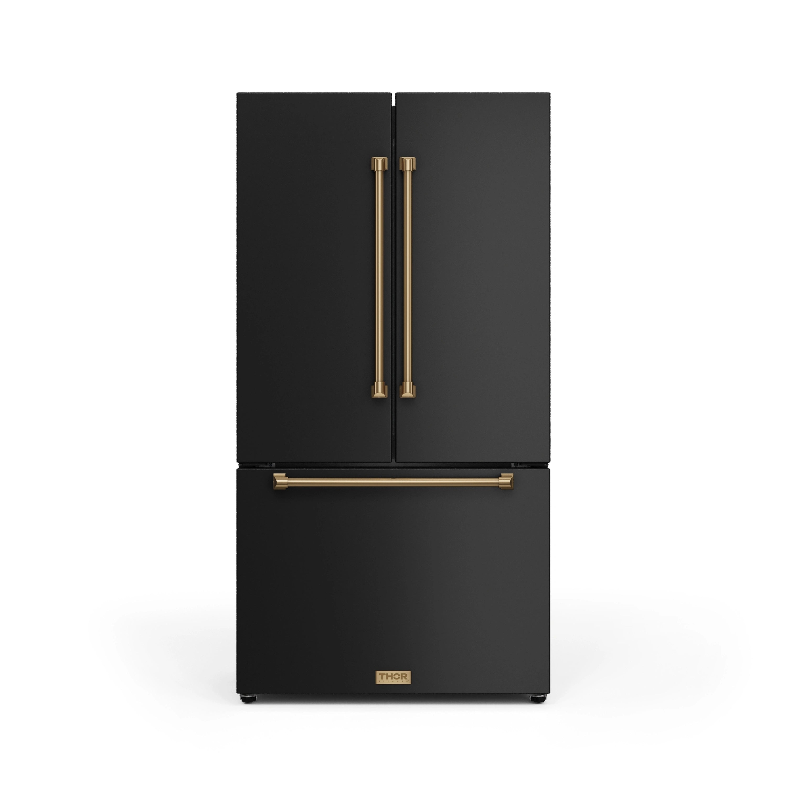 Black French door refrigerator with bronze vertical handles and lower freezer door