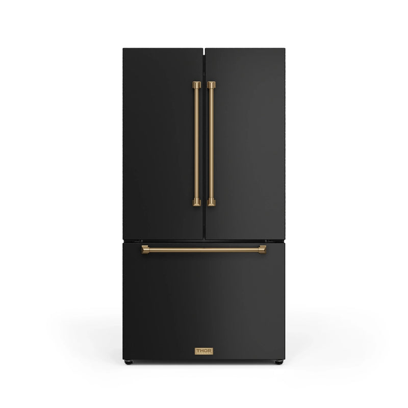 Thor Kitchen Gordon Ramsay 3-Piece Appliance Package - 36-Inch Electric Range with Tilt Panel Touch Control, 36-Inch Refrigerator, and Dishwasher in Black with Bronze Trim