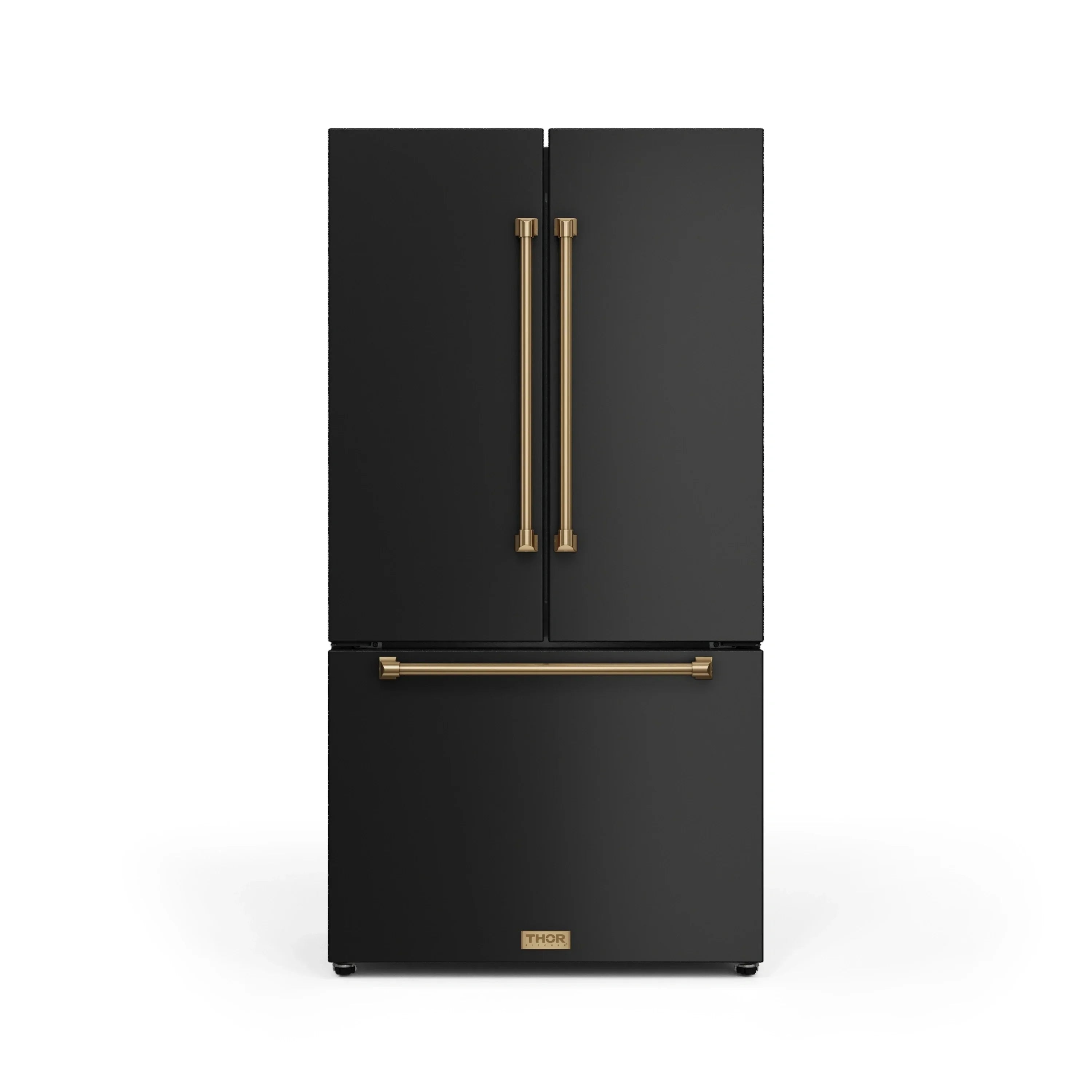 Black 2-door refrigerator with bronze vertical handles and THOR logo