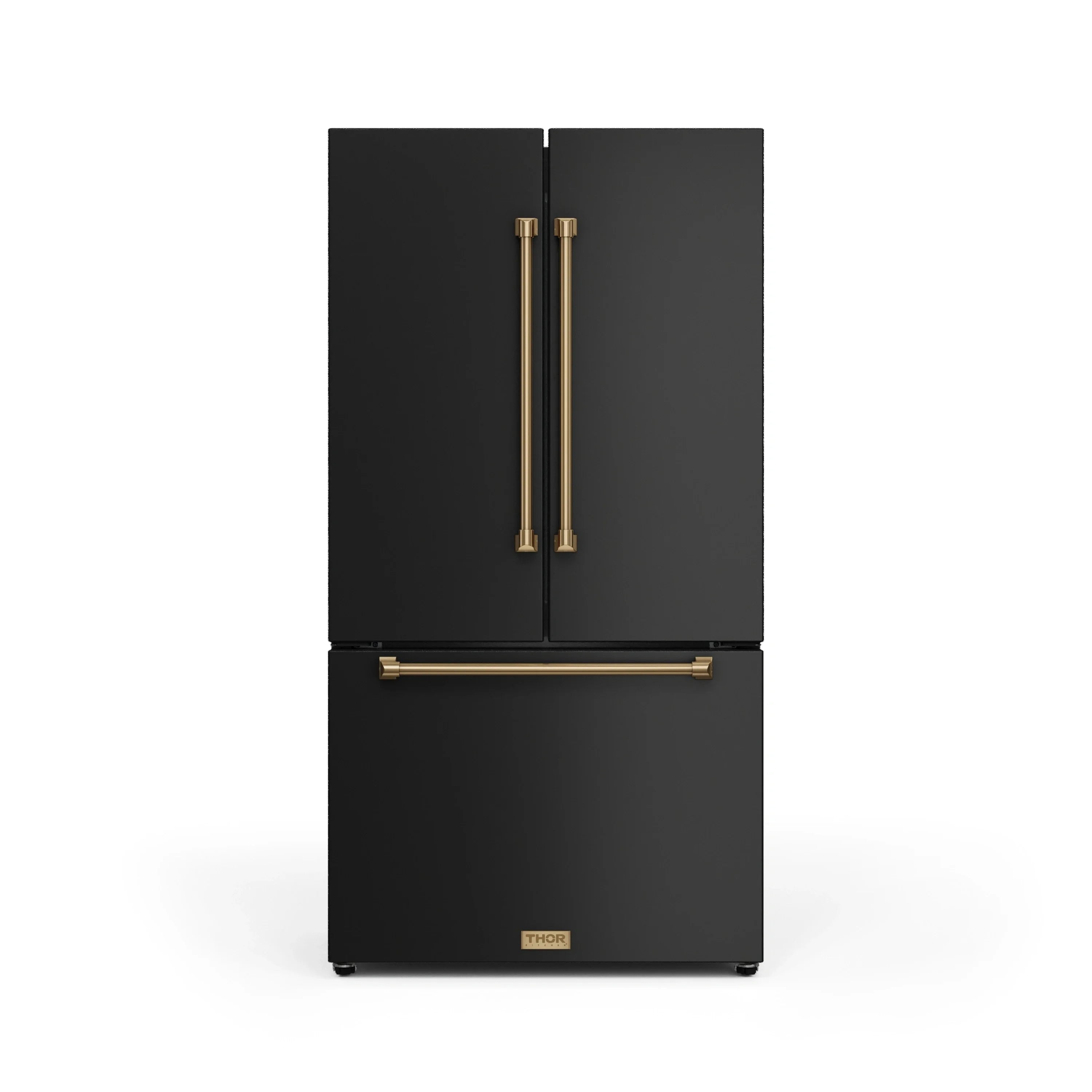 Black counter-depth refrigerator with bronze side handles and top freezer door
