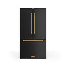 Black French door refrigerator with bronze vertical handles and lower freezer door