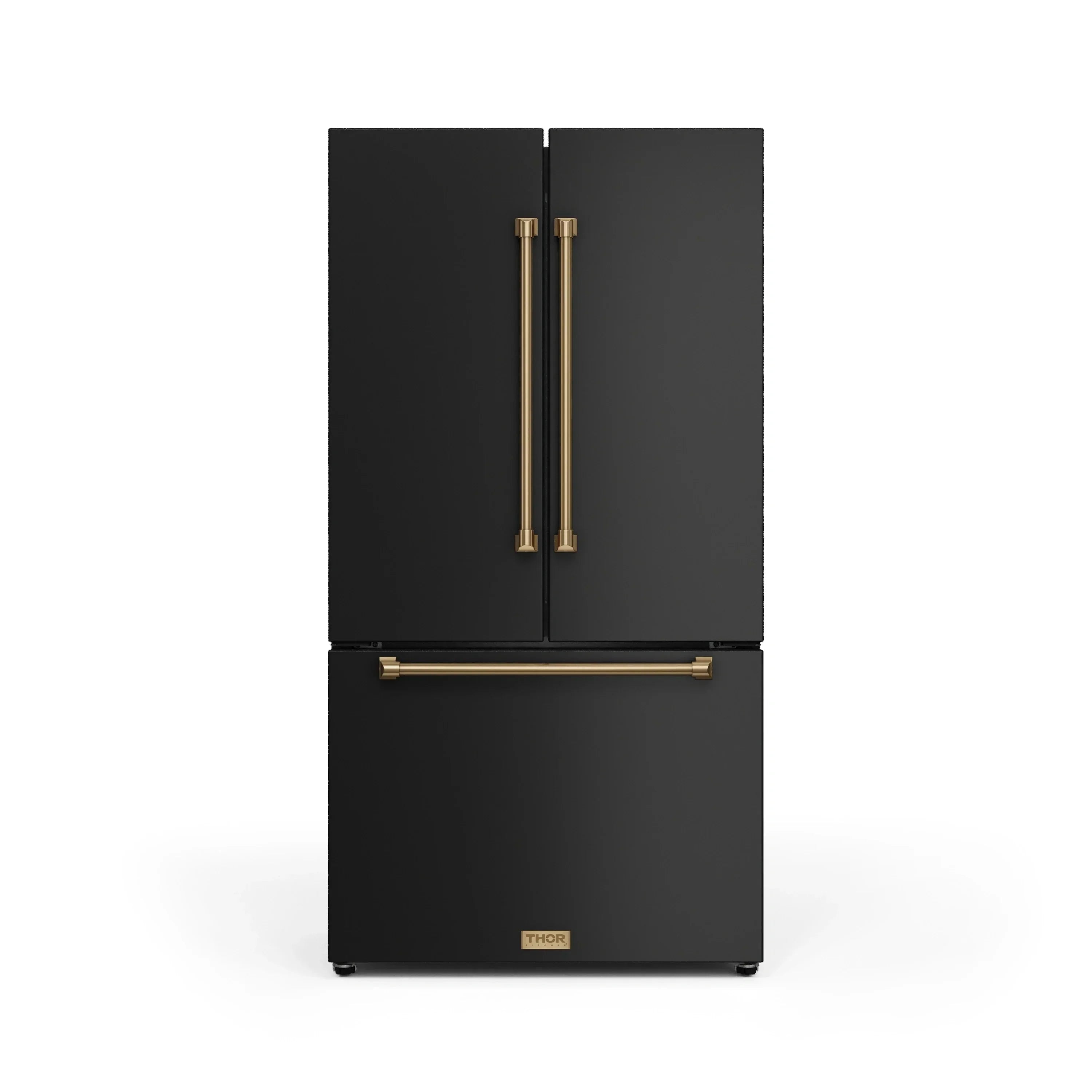 Black two-door refrigerator with gold handles and bottom freezer compartment