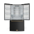 Black French door refrigerator with both doors open, central glass shelf and side racks