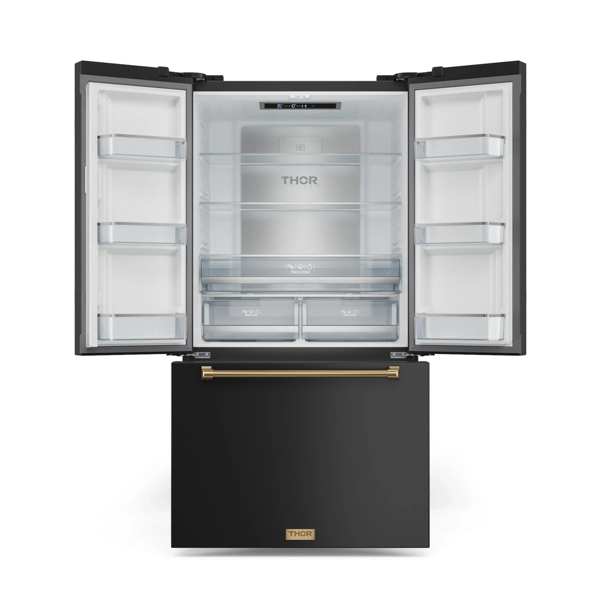 Black refrigerator with open doors and clear interior shelves, brass trim handle
