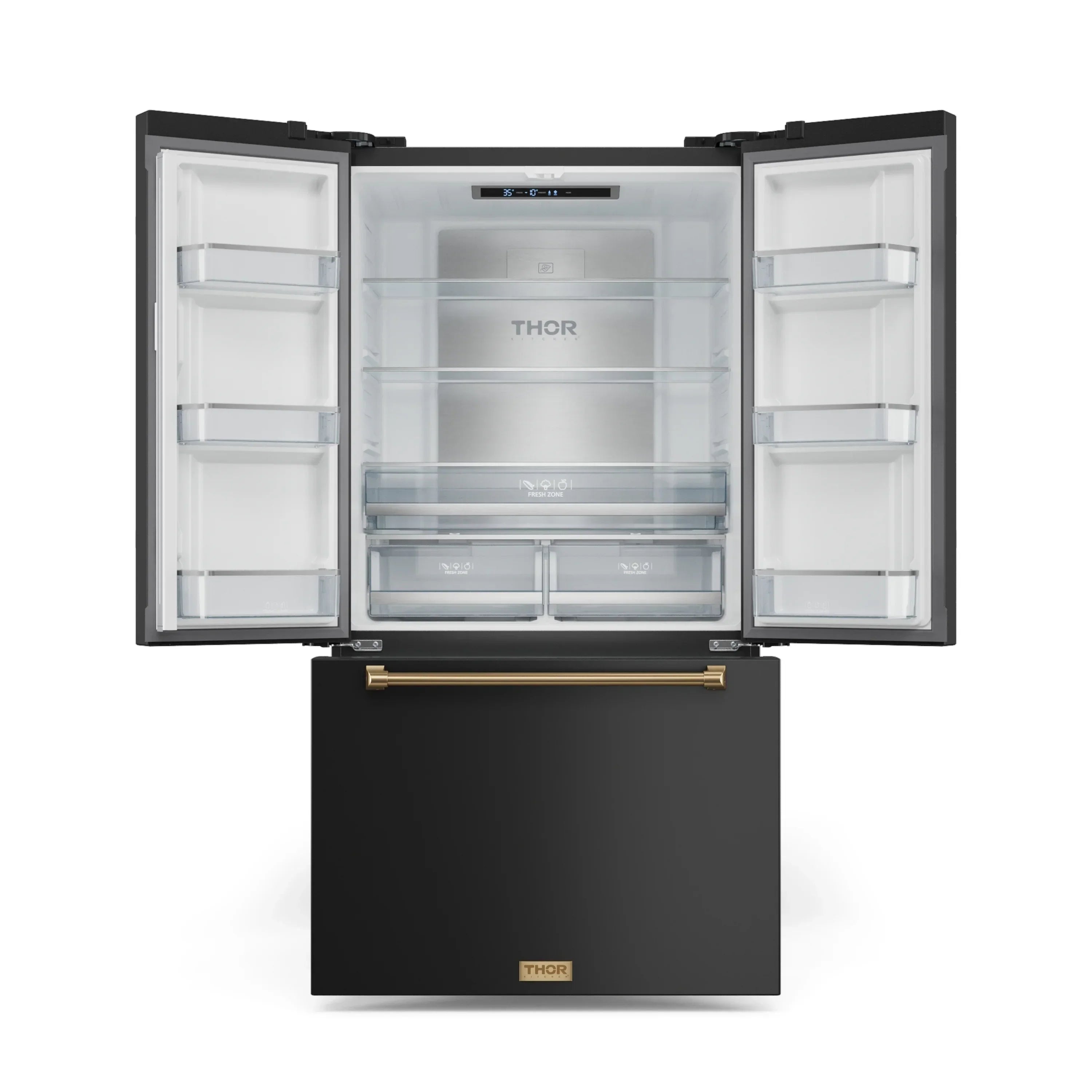 Black refrigerator with open doors, interior shelves, and bottom freezer door