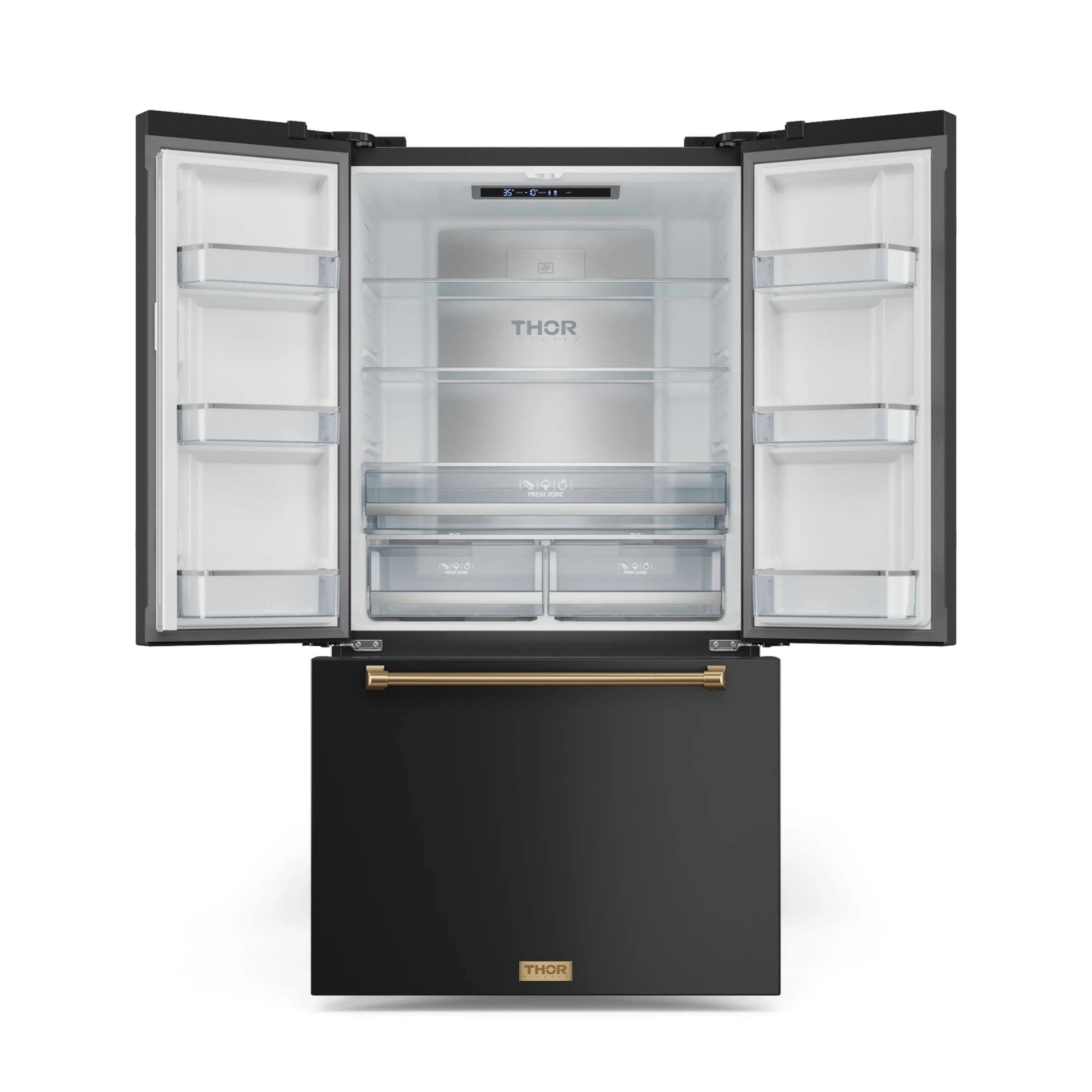 Black counter-depth refrigerator with open doors showing white interior shelves