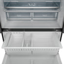 Refrigerator freezer compartment with empty white drawer and partitioned storage