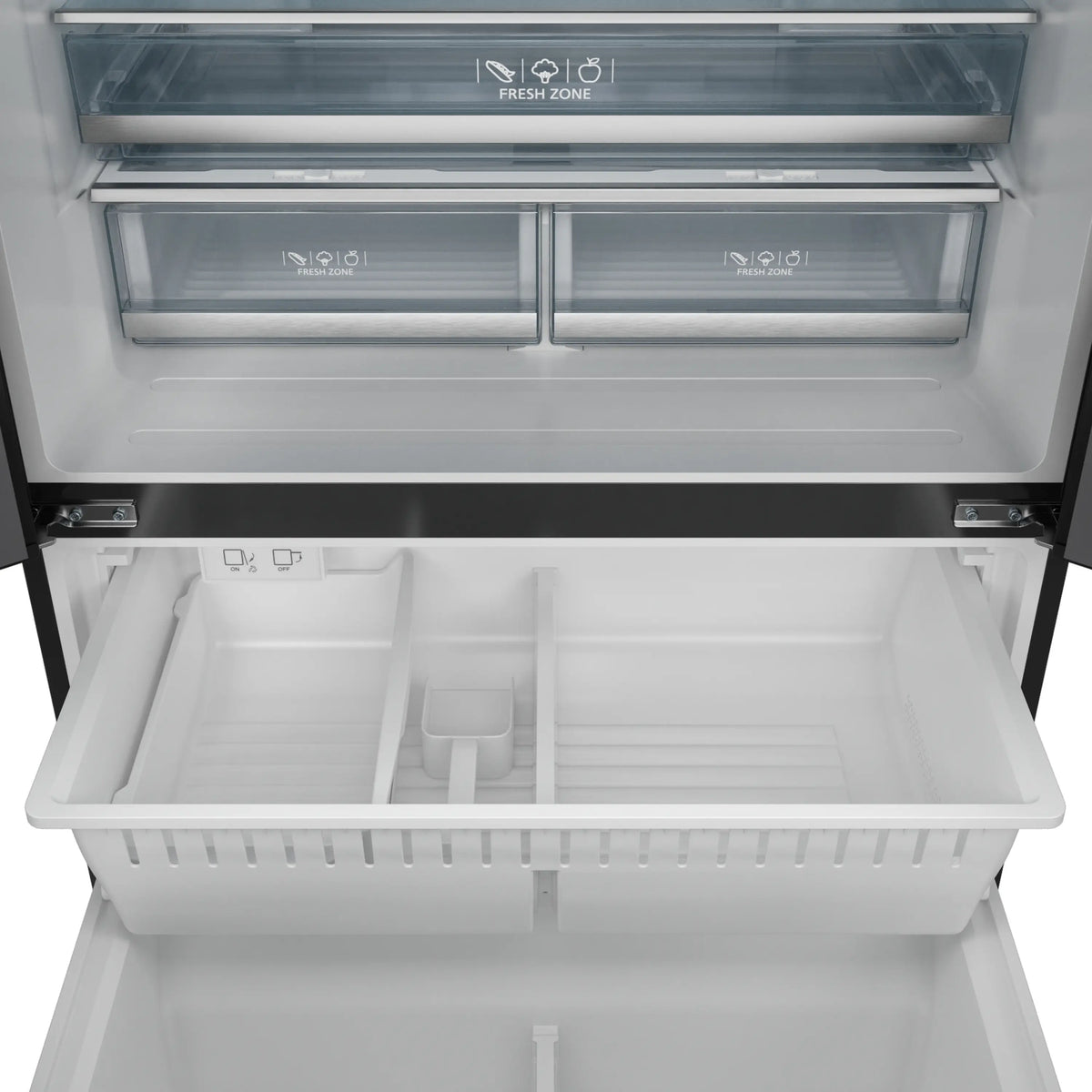 Black refrigerator interior with upper shelf and pull-out fresh drawers visible