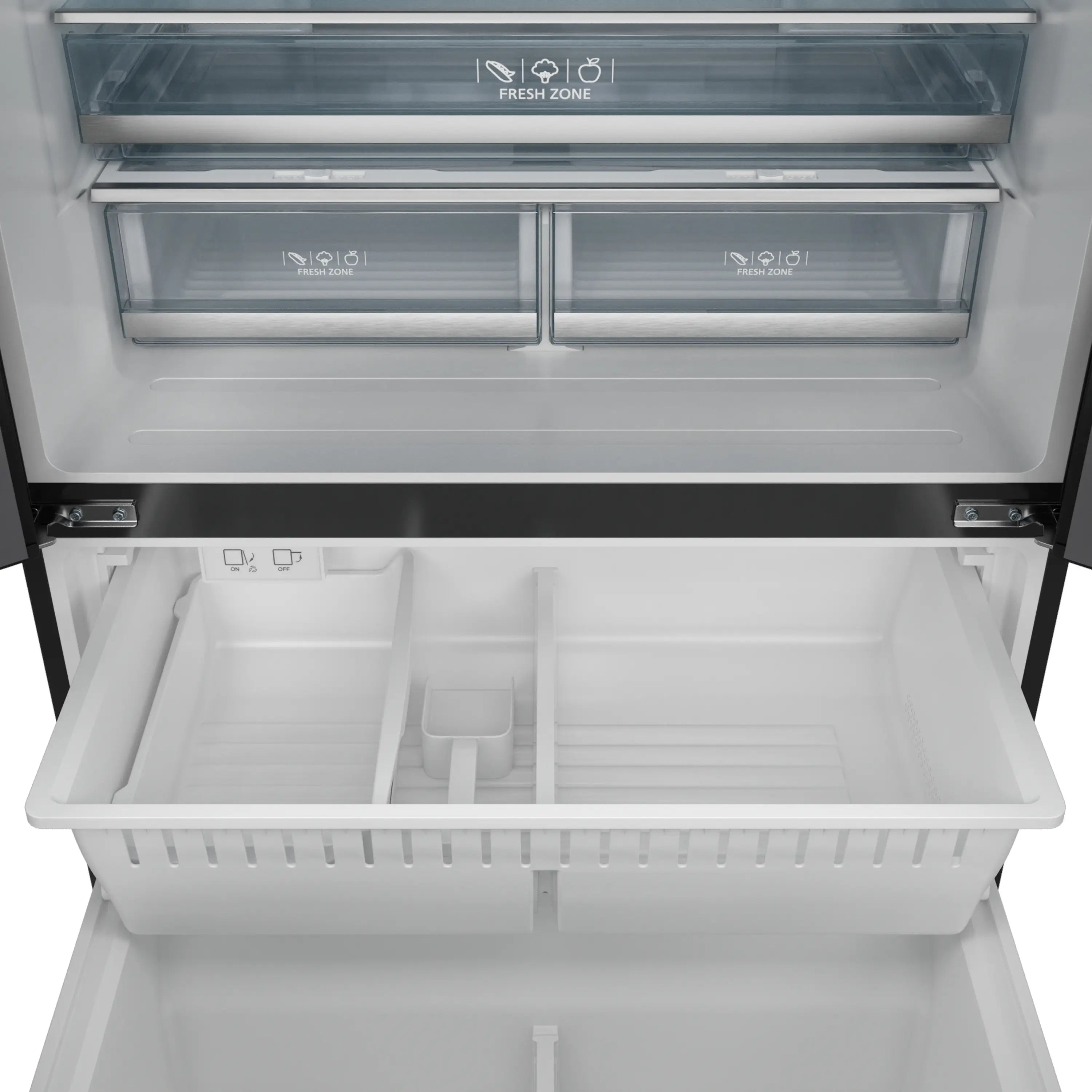 Counter-depth refrigerator freezer drawer interior with white bins and shelves