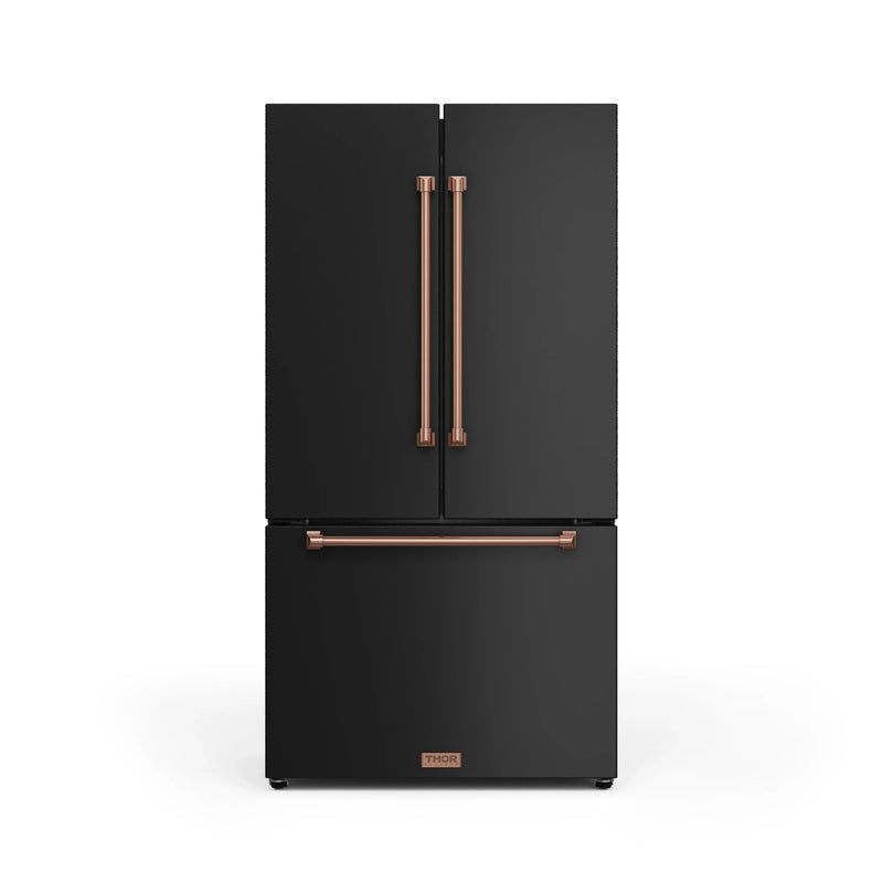 Thor Kitchen Gordon Ramsay 3-Piece Appliance Package - 36-Inch Gas Range with Tilt Panel, 36-Inch Refrigerator, and Dishwasher in Black with Rose Gold Trim