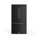 Black French-door refrigerator with rose-gold vertical handles and front ice maker drawer