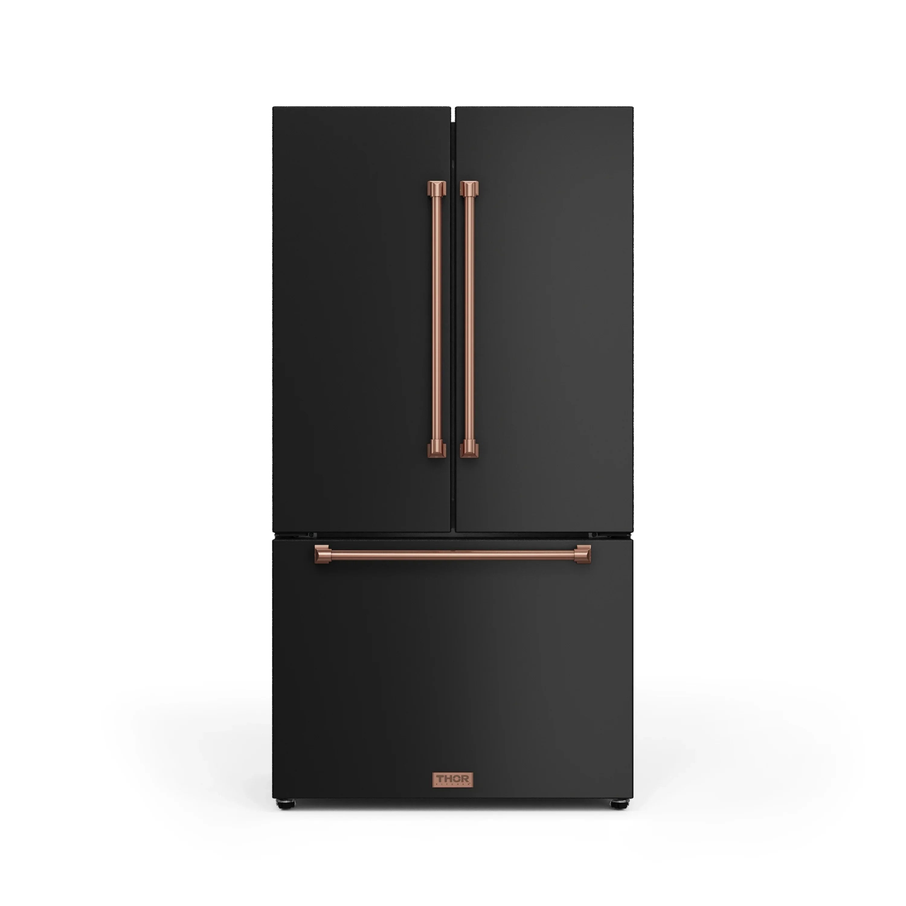 Black refrigerator with two doors and vertical rose gold handles