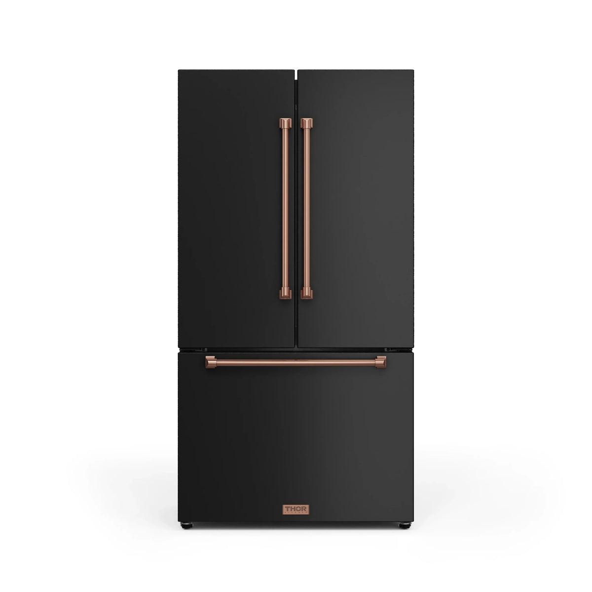 Black double-door refrigerator with vertical rose gold handles