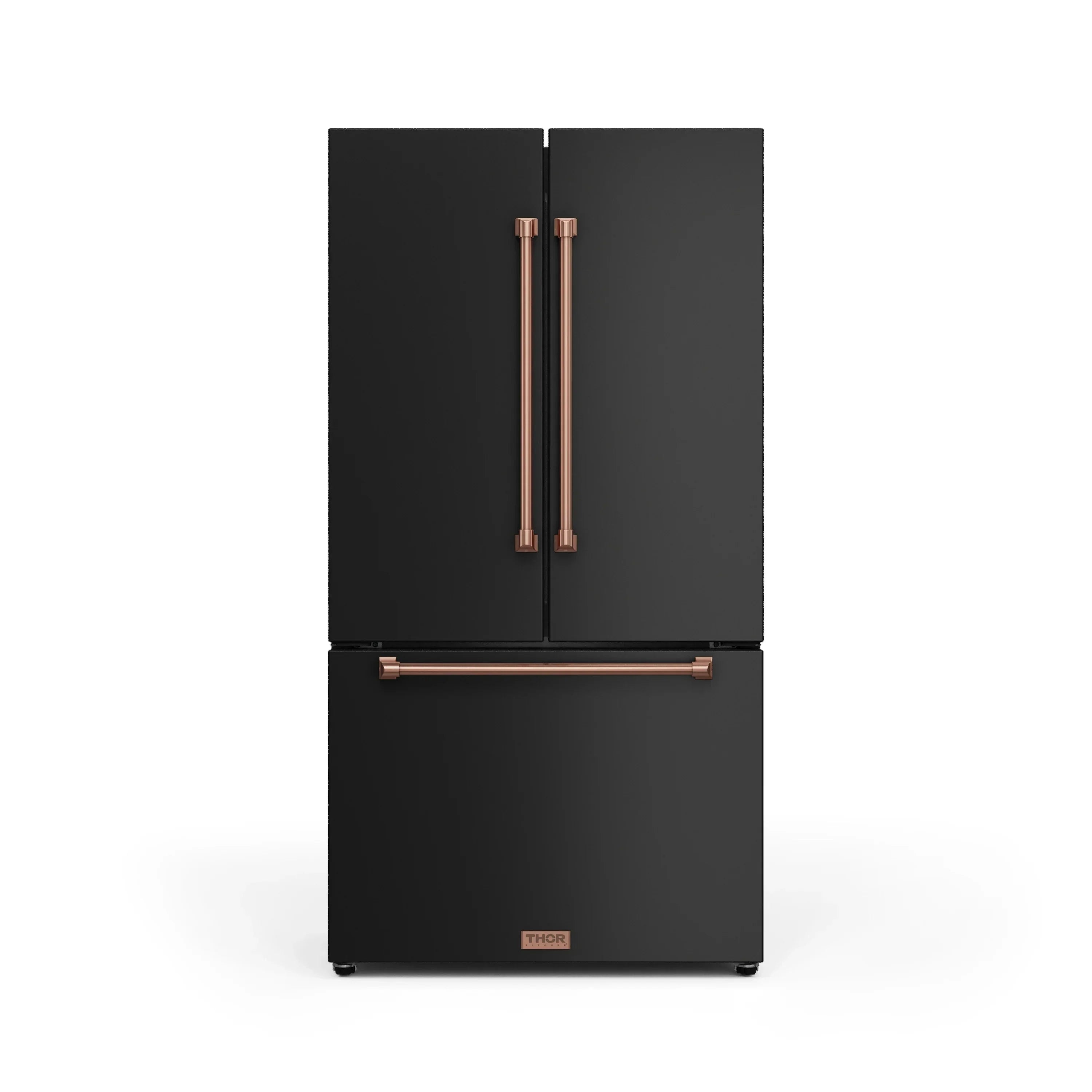 Black double-door refrigerator with copper-toned vertical handles and lower freezer drawer