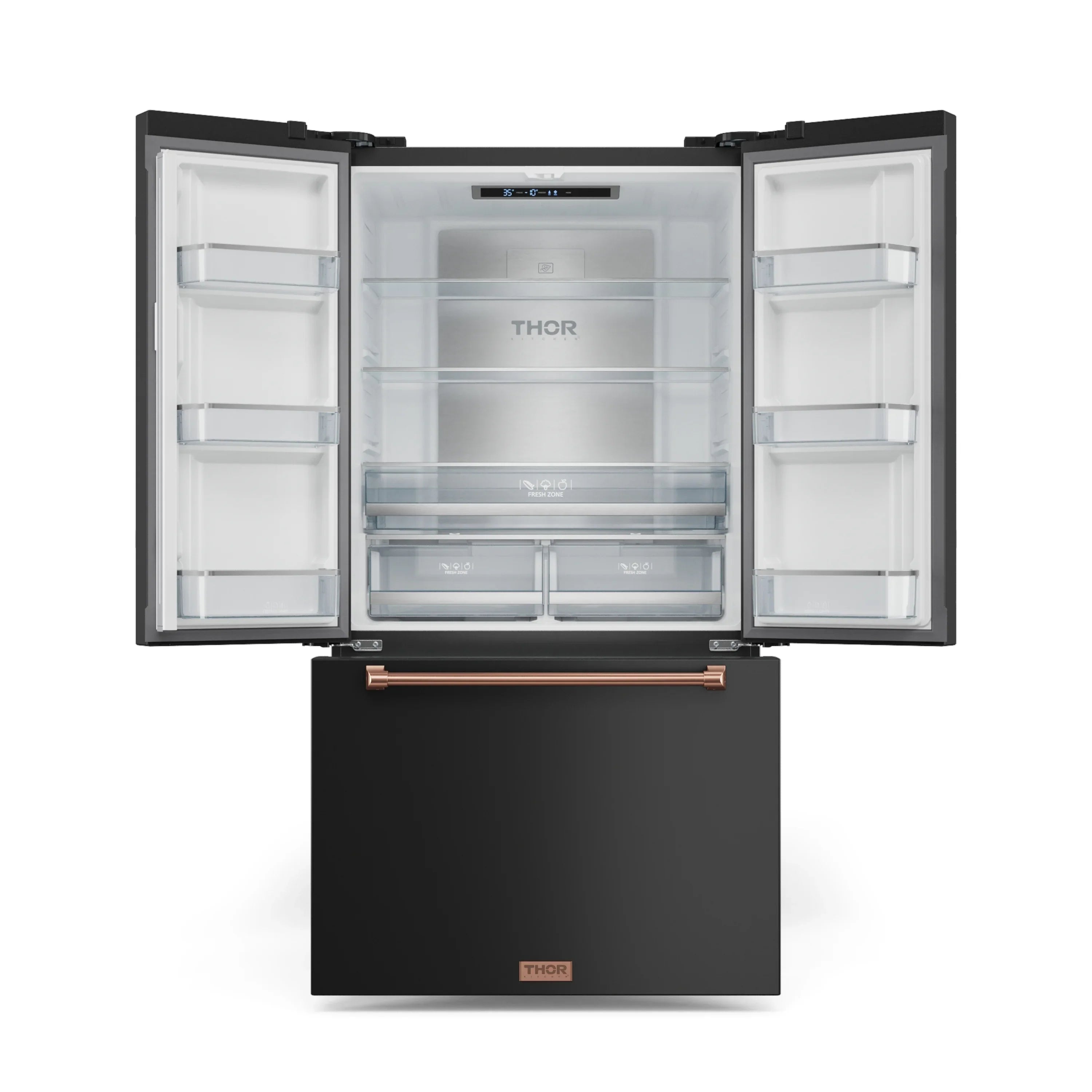 Black refrigerator with open doors showing interior shelves and rose gold handle
