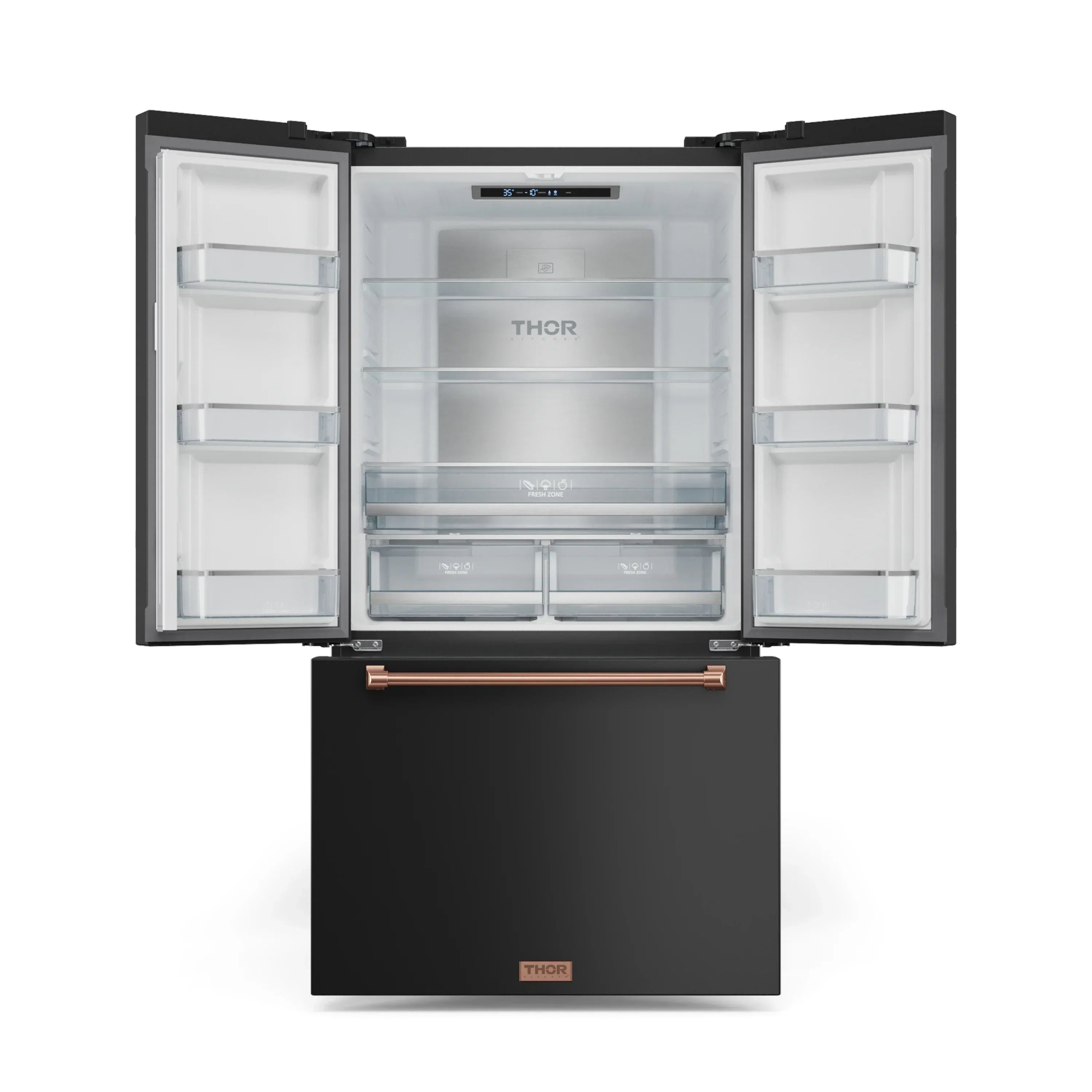 Black French door refrigerator with open doors and rose-gold front handle