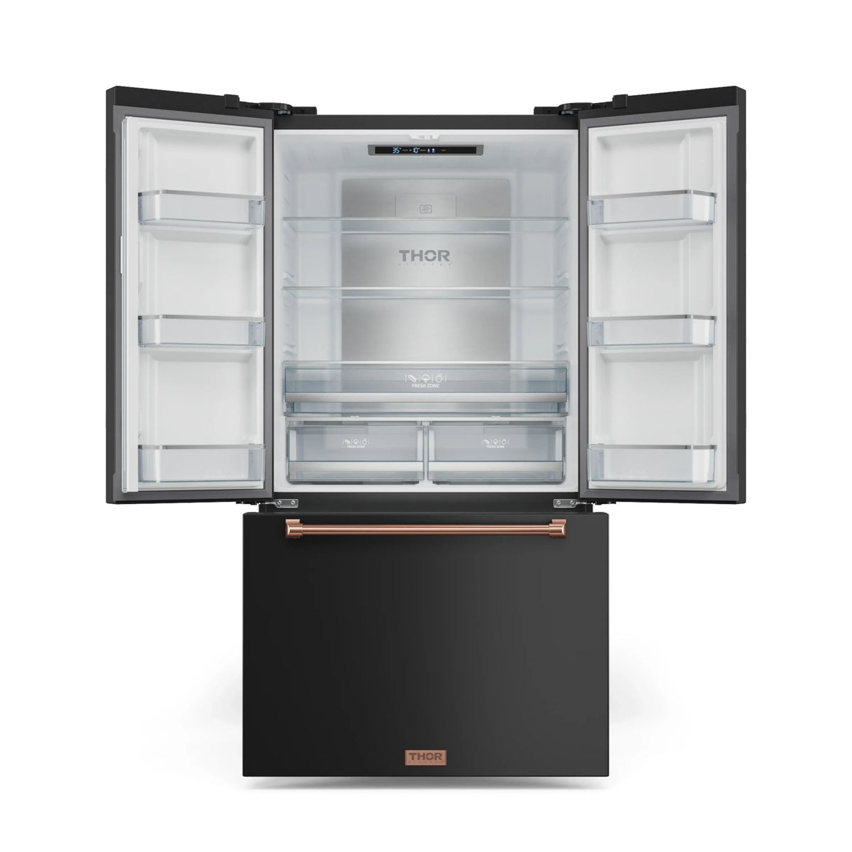 Black refrigerator with doors open, showing glass shelves and bottom freezer drawer