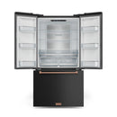 Black French-door refrigerator with rose-gold trim and ice maker, doors open