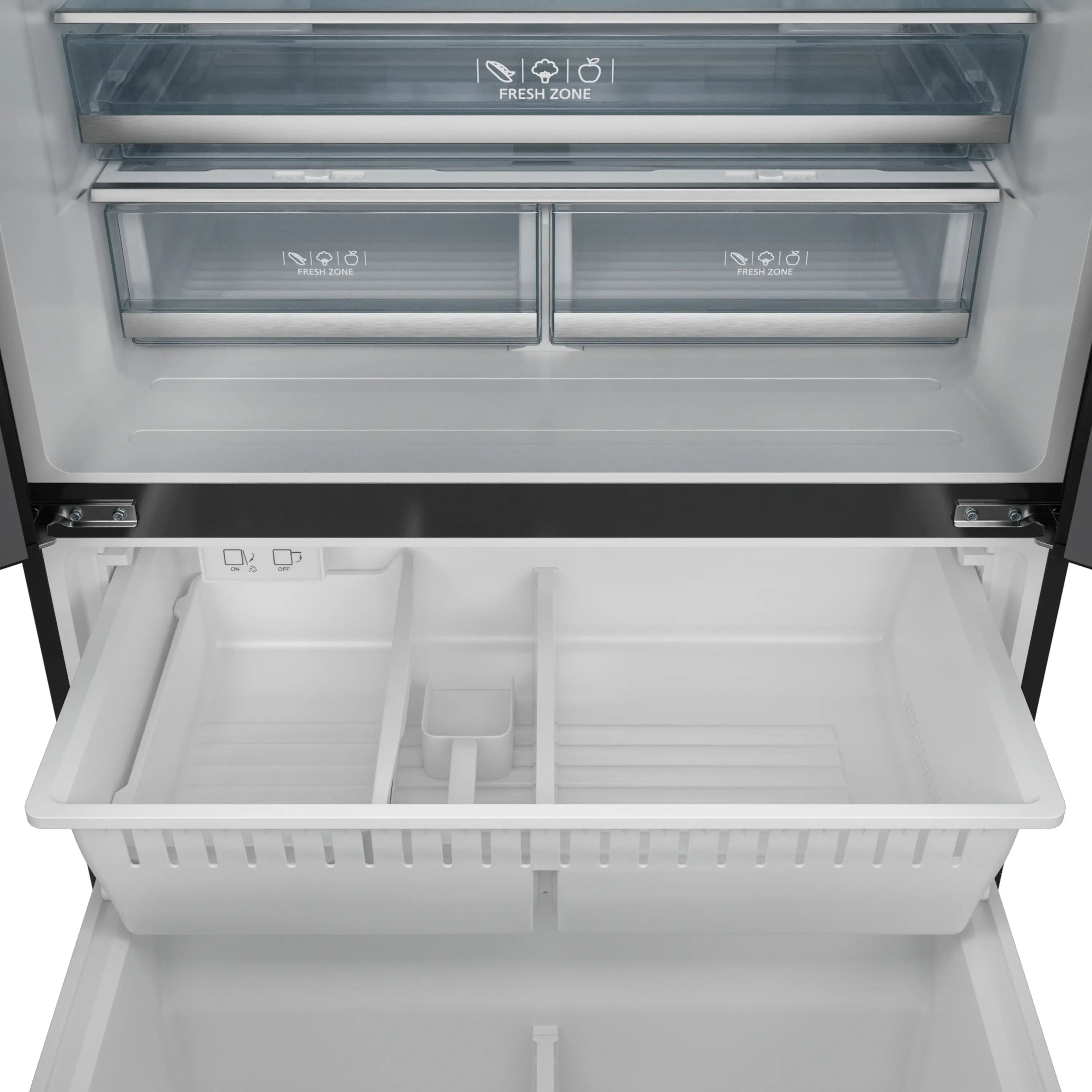 Refrigerator freezer interior with glass shelf and Fresh Zone control labels